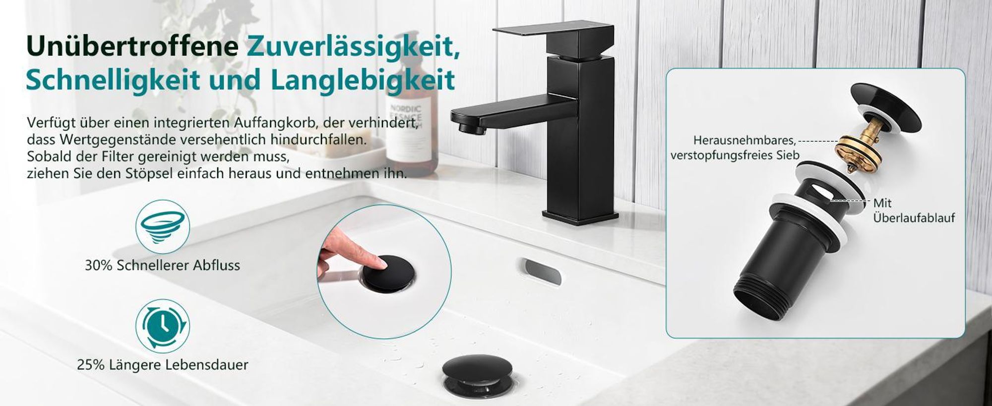 Homelody Wasserhahn Bad Schwarz Edelstahl mit Pop-Up Ablauf Edelstahl, Waschtischarmatur Badarmatur mit Ablaufgarnitur 1 1/4 Zoll Waschbecken Armatur