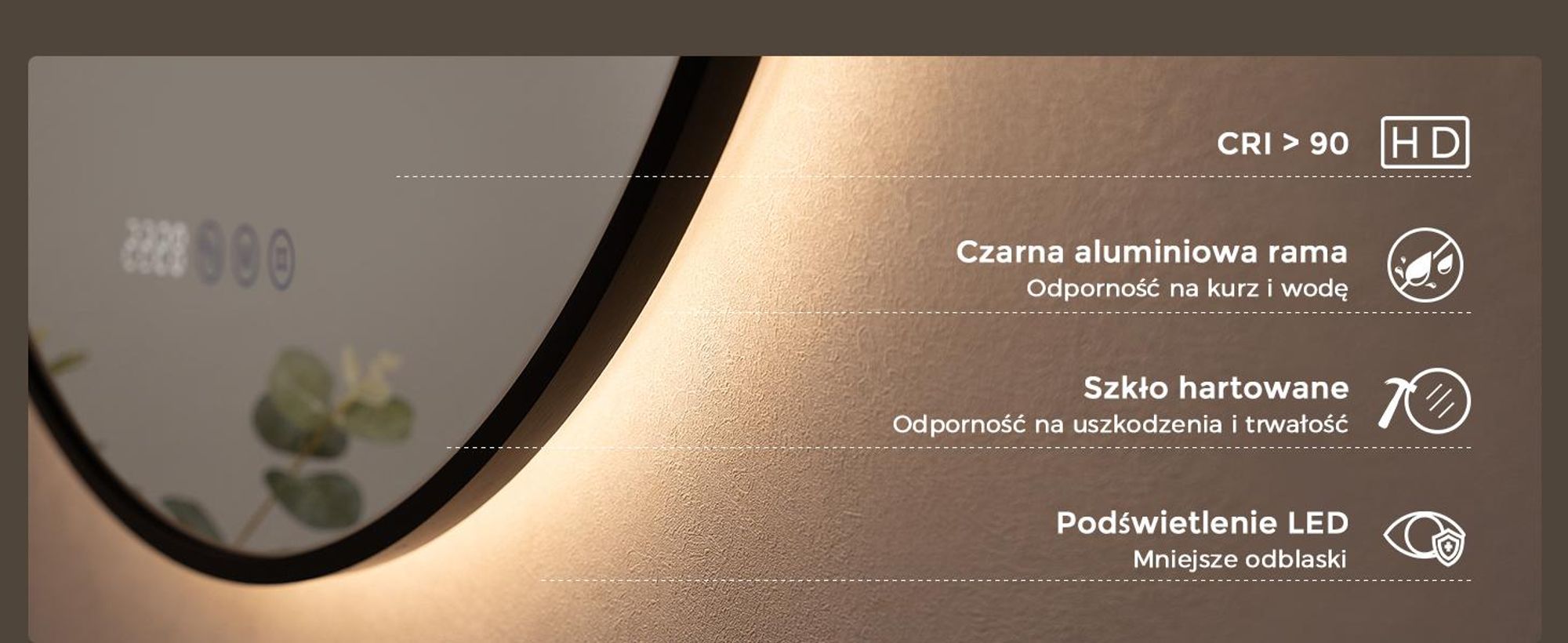 Lustro do łazienki oświetlane, okrągłe, średnica ok. 70 cm. Lustro LED z dotykowym panelem, antyfoggingowe, z możliwością regulacji jasności, 3 barwy światła, zegar, wskaźnik temperatury, kolor czarny