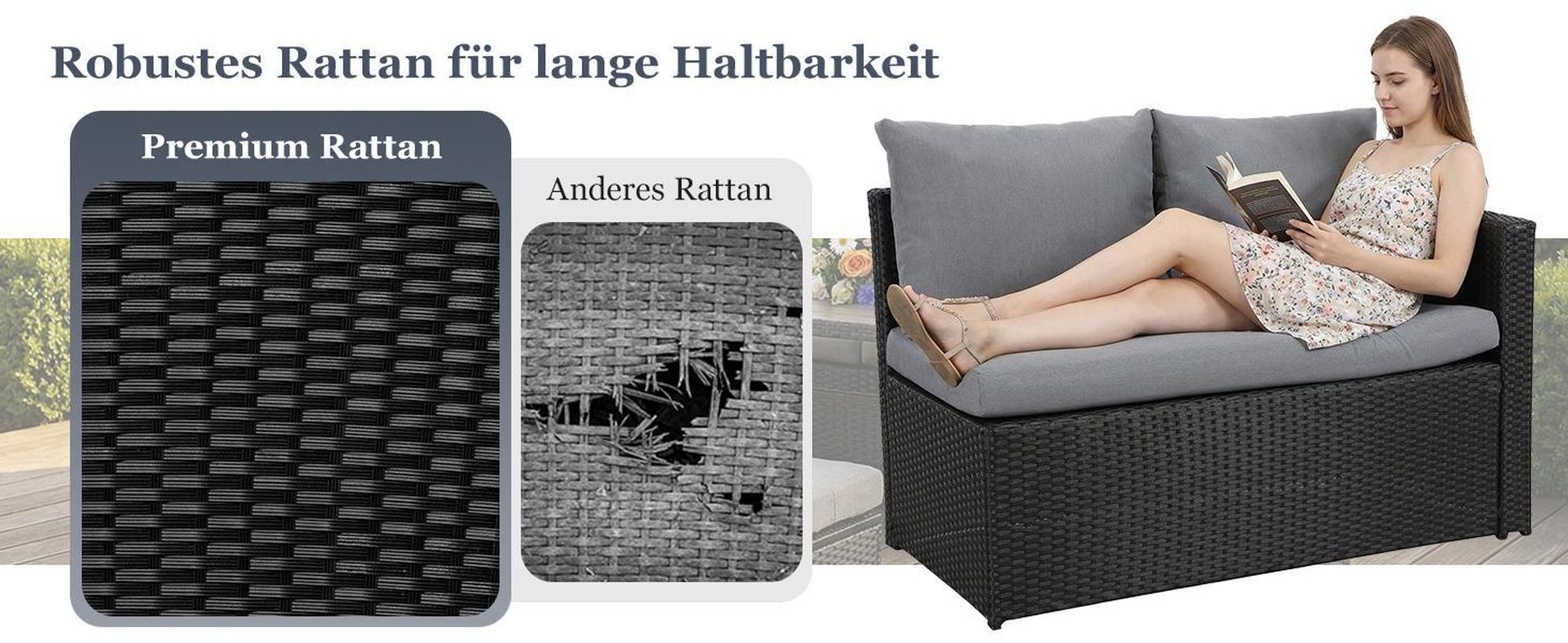 MeXo Gartenlounge Set 8 Personen Lounge Gartenmöbelset Polyrattan Essgruppe wetterfest Ecklounge mit großem Esstisch 132×76×67 cm, L-Form mit 3 Hocker