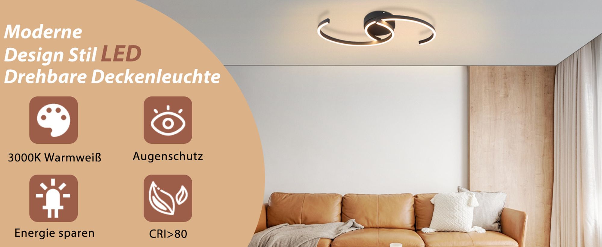 ZMH Deckenlampe LED Deckenleuchte Wohnzimmer 24W Modern Design Wohnzimmerlampe Schwarz 3000K Warmweiß Küchenlampe Flur Schlafzimmerlampe 330° Drehbarer 2-Ringen Metall Deckenleuchten für Küche Büro