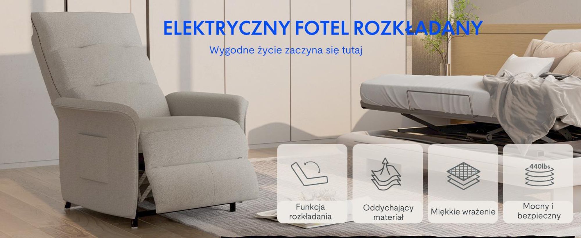 FLEXISPOT Elektryczny fotel relaksacyjny z funkcją leżenia 105°–155°, ergonomiczny fotel z podnóżkiem, fotel TV do 200 kg, jasnoszary