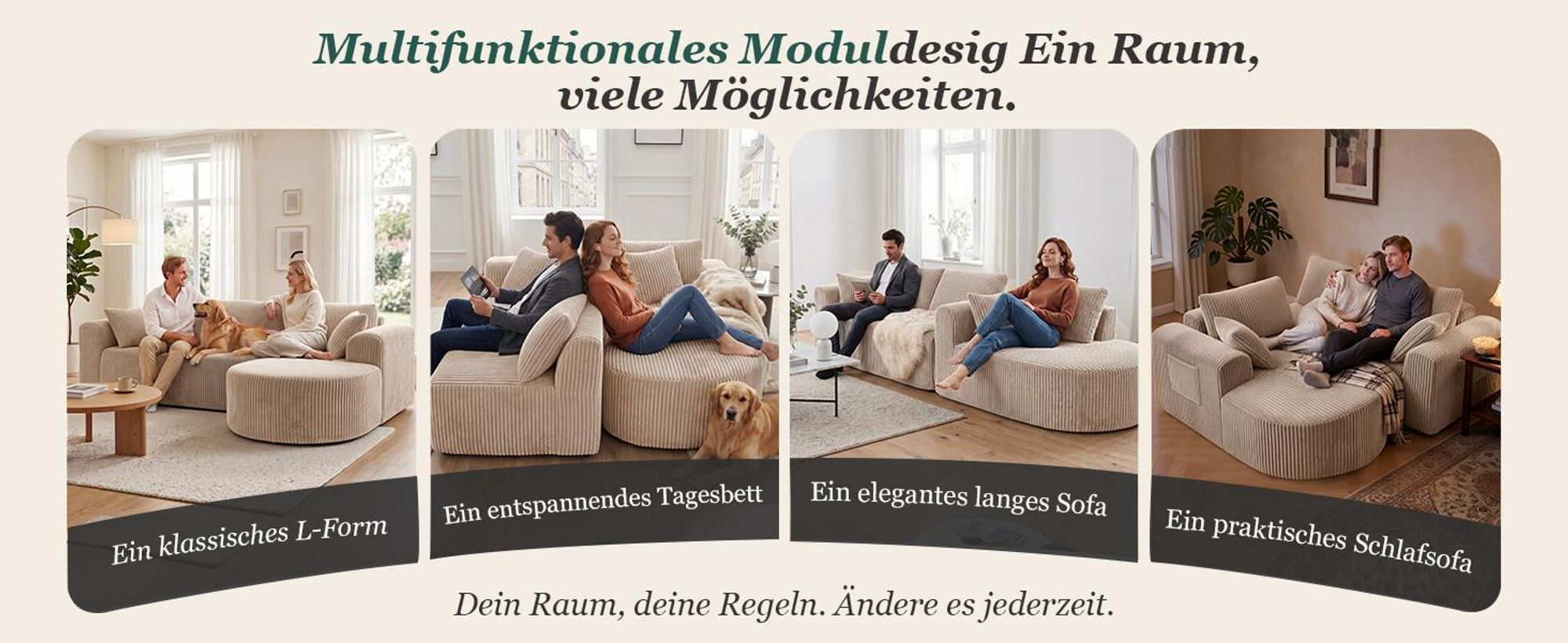 Sofa Ecksofa mit Schlaffunktion, Corduroy Modulares Boneless Couch mit Chaiselongue, L-Form Schlafsofa, Sektionssofas mit Kissen & Seitentaschen 243cm