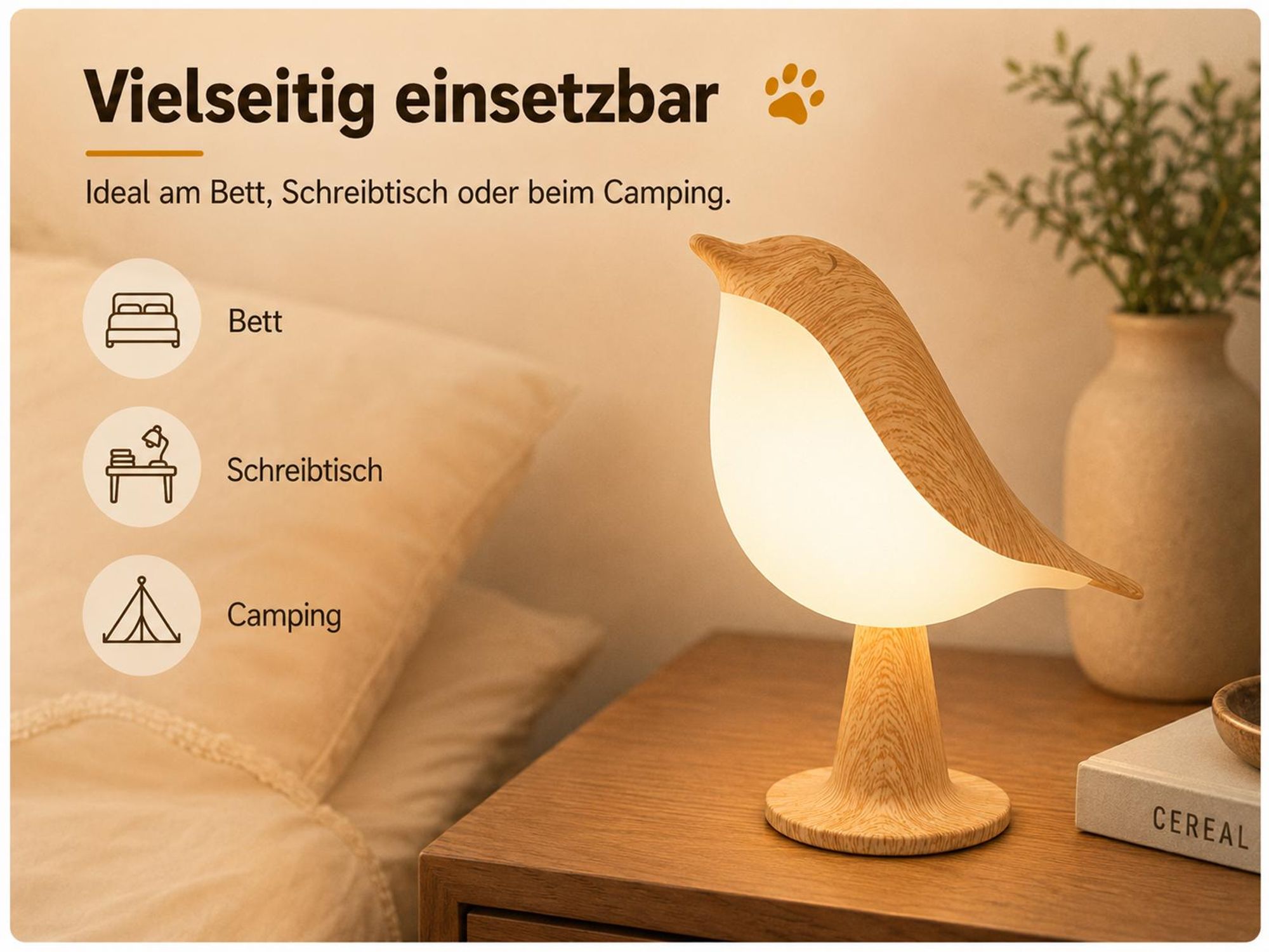 Nachtlicht mit Touch Control, 1x Kabellos Dimmbar LED Akku Lampe USB Tischlampe Vogel Nachttischlampe Für Kinder Erwachsene Geschenke Deko, 1800mAh