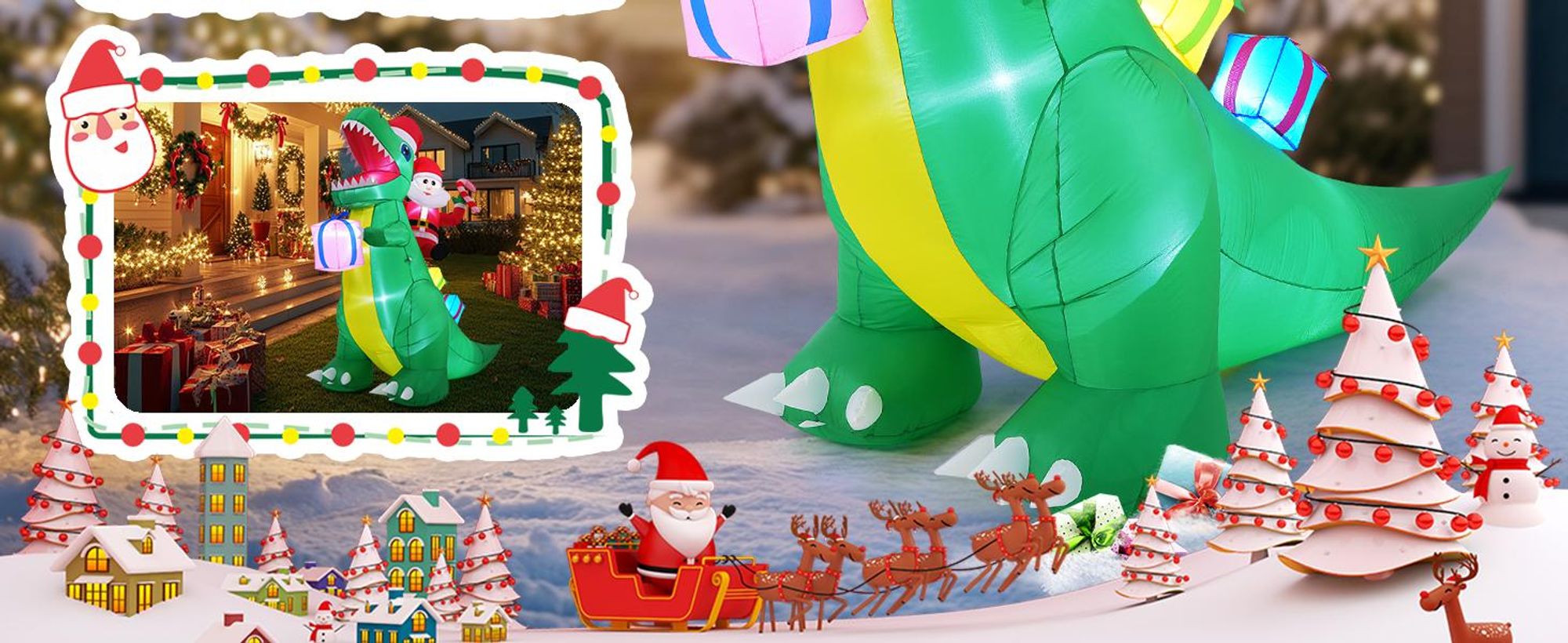 213cm Aufblasbarer Weihnachtsmann auf Dinosaurier mit LED-Lichtern - Lustige Garten-Weihnachtsdeko für Außenbereich