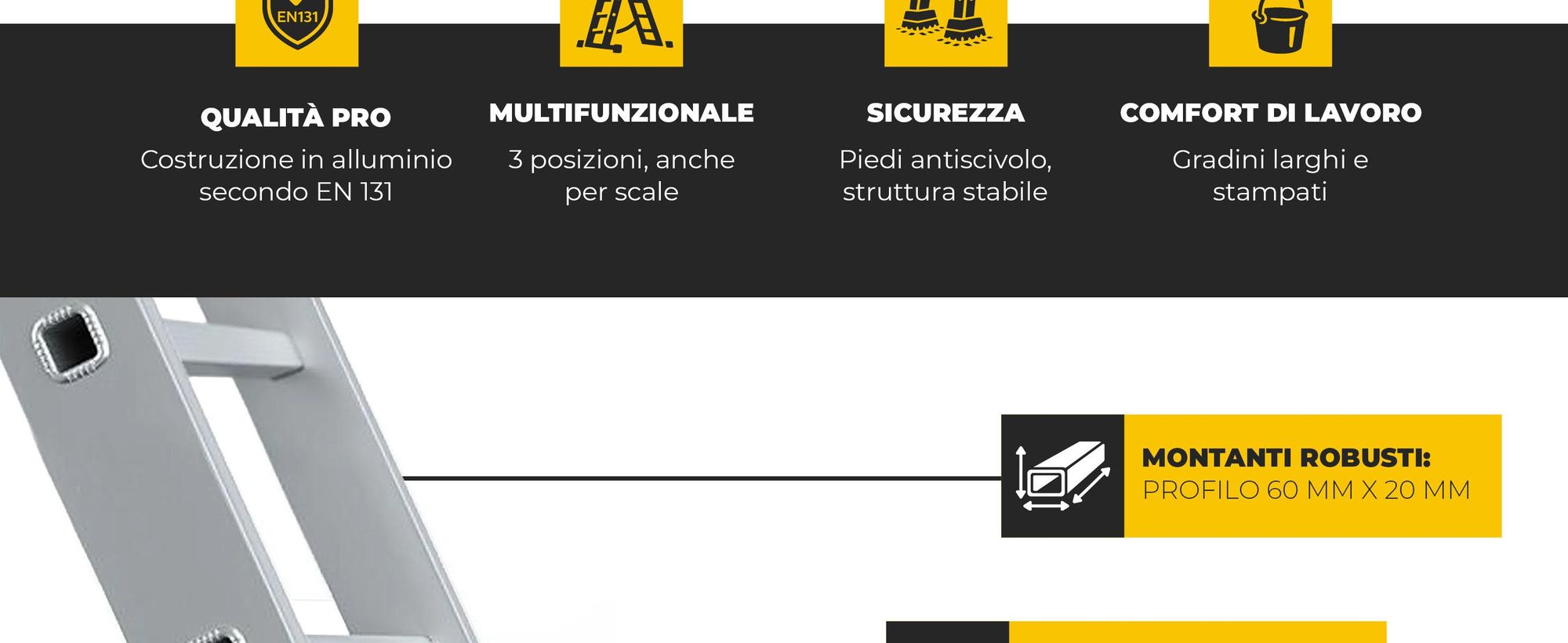 DRABEST | Scala - Serie PRO - Scala in alluminio multiuso - 3 sezioni - Scala industriale 3 x 8 gradini - fino a 150 kg