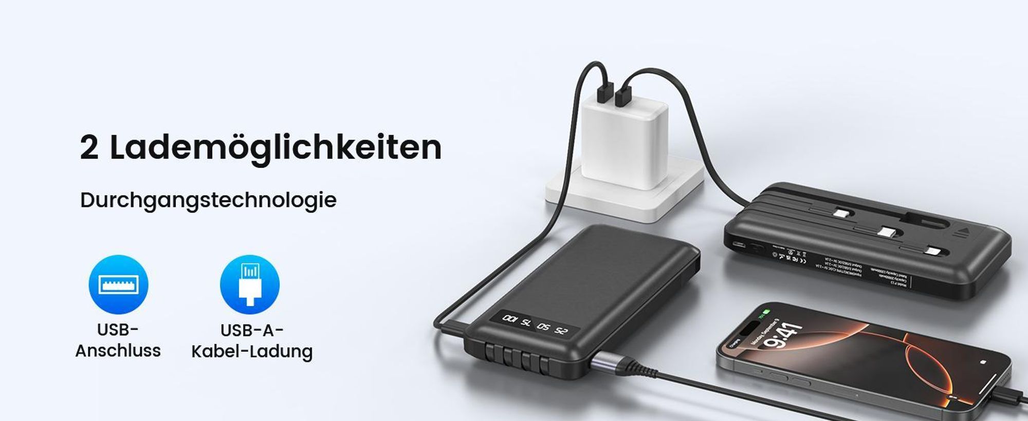 Powerbank, Tragbares Ladegerät, Externes Ladegerät, 20.000 mAh, 22,5W Schnellladegerät, mit 4 integriertem Kabel