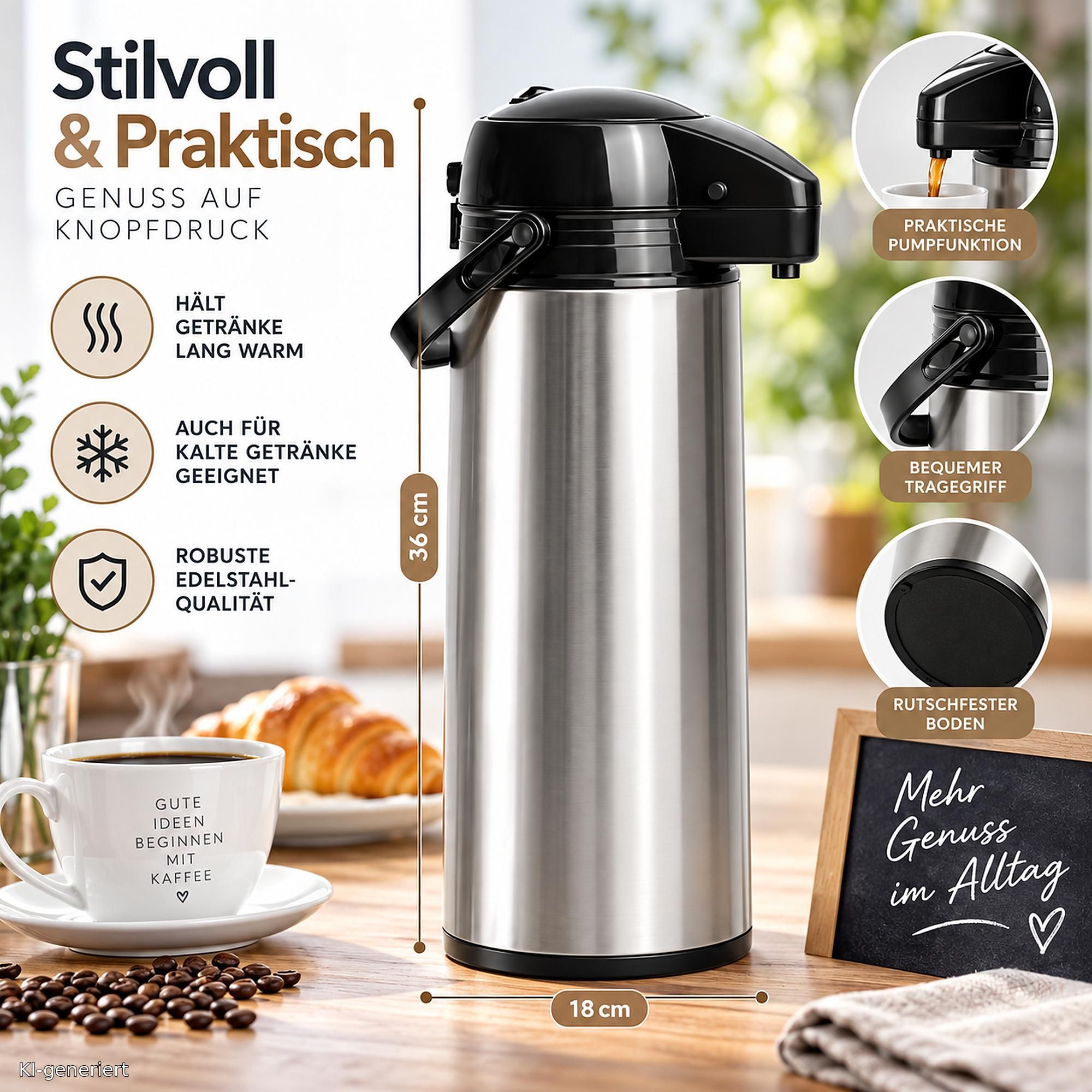 2er Set Thermoskanne 1,9 L mit Pumpfunktion – Edelstahl Airpot mit Glaseinsatz, Druckknopf, bis 6 Std. warm, Silber/Schwarz