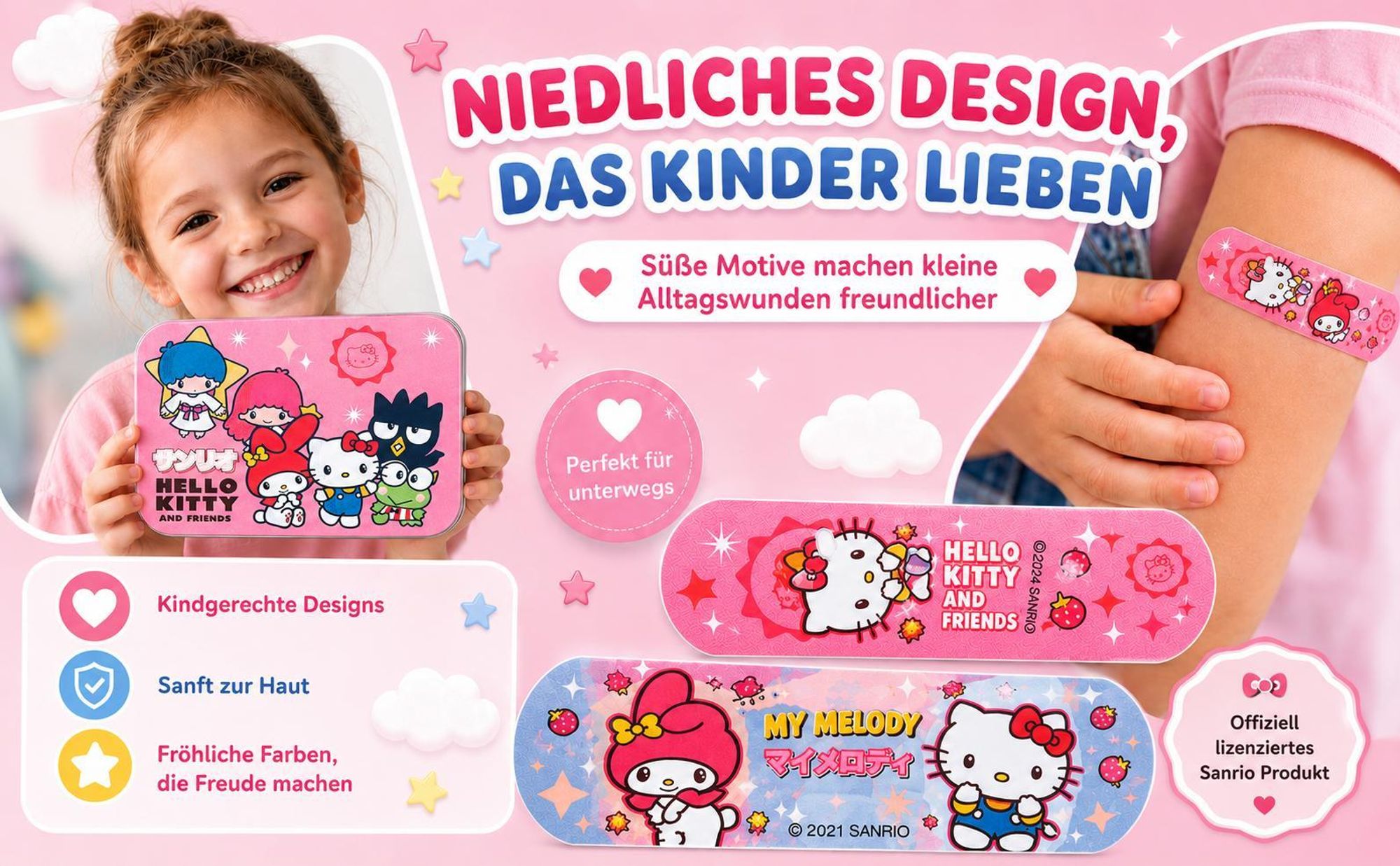 Hello Kitty Friends Kinderpflaster Lizensiertes Produkt - Metall-Box - 24 Pflaster - Schönes Design Pflaster Aufbewahrungsbox für Kinder - 1 Box