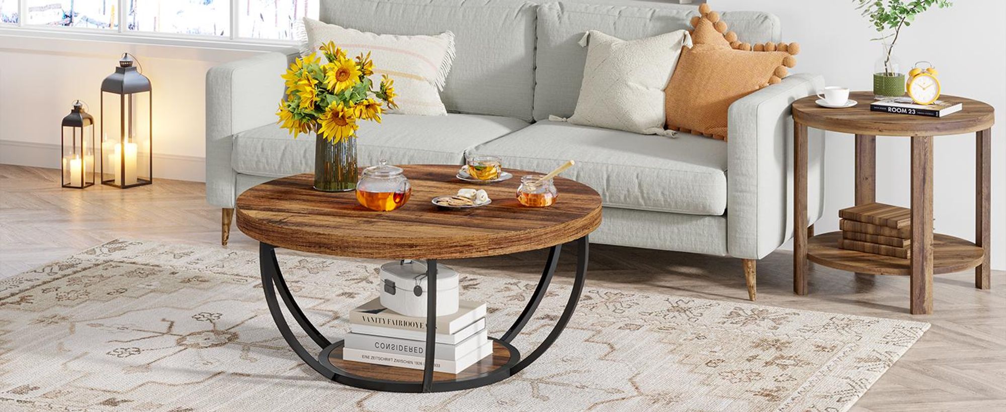 Tribesigns Runde Couchtisch, Industrial 2-Tier-Kreis Couchtisch mit Lagerung Regale, Moderne hölzerne Akzent Mitte Tisch Sofa Beistelltisch, Braun