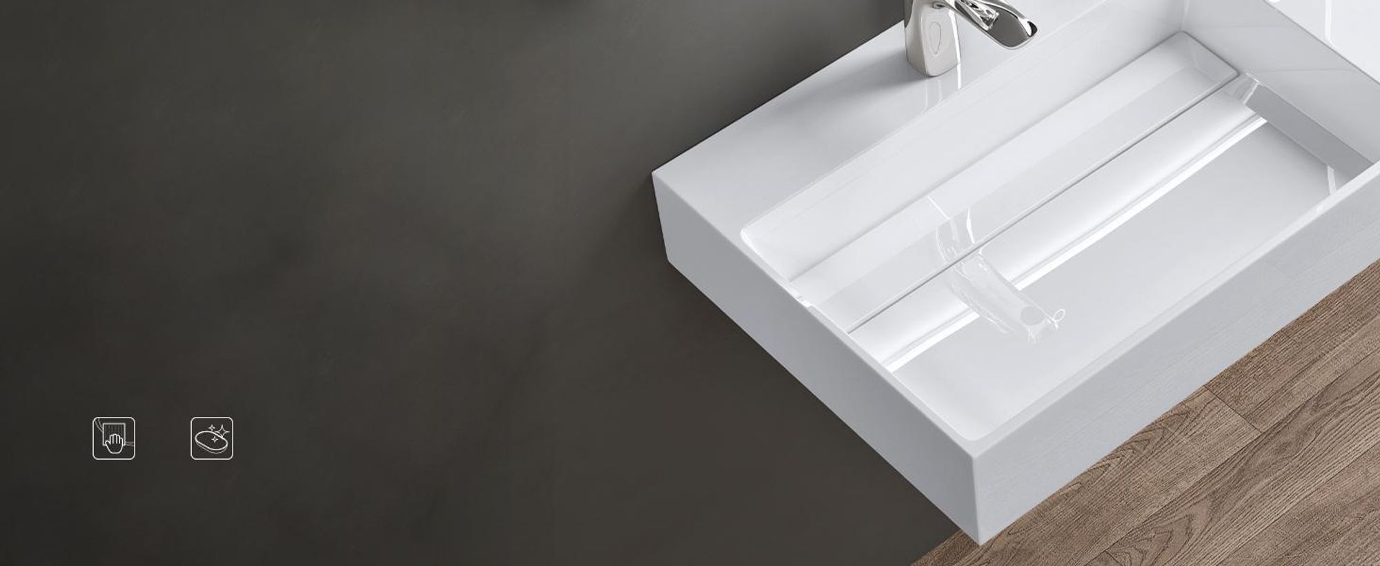 doporro Design Waschbecken 90x48x13 cm mit verstecktem Ablauf in weiß aus Mineralguss als Aufsatzwaschbecken und Hängewaschbecken geeignet col12-R