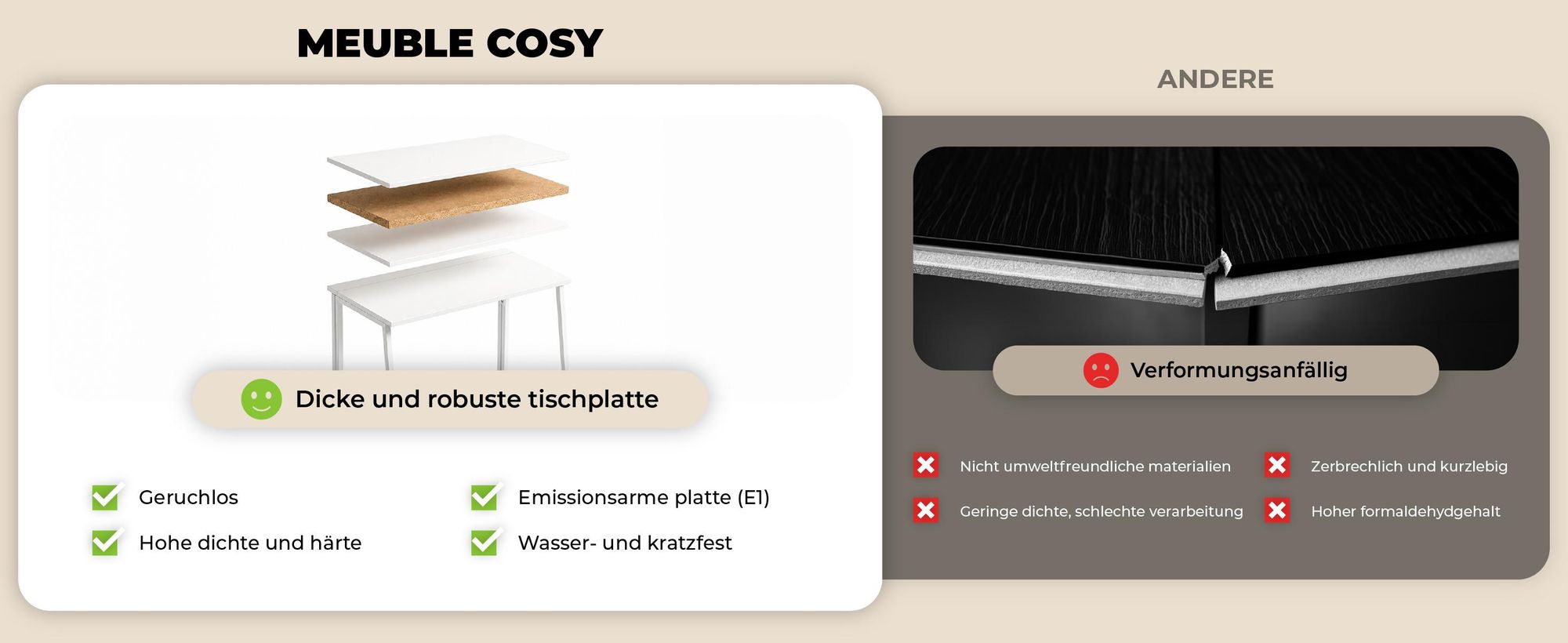 Meubles Cosy Skandinavischer Klappschreibtisch / Computertisch mit 4 Rollen Wei?es Holz und wei?es Metall - ASCOLI