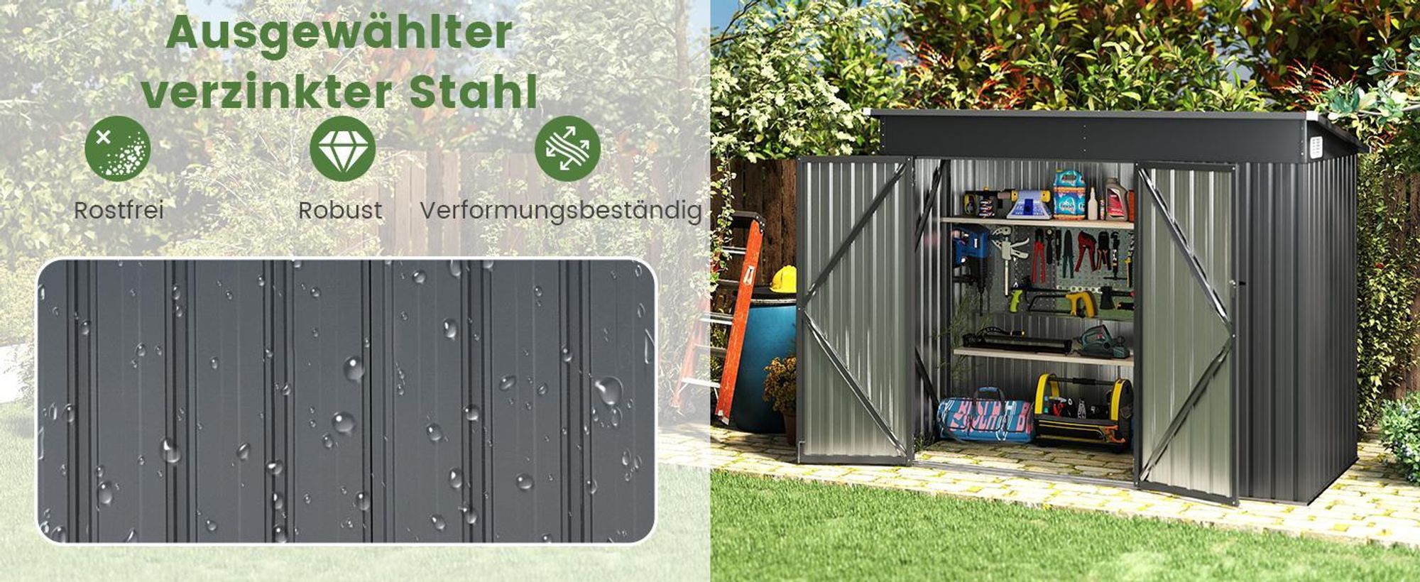 COSTWAY 2,6 ㎡ Gartenhaus 235x117x185cm Metall, 4,86 m³, Geräteschuppen mit Vordertür, Seitentür&Pultdach, Gartenschuppen abschließbar, Dunkelgrau