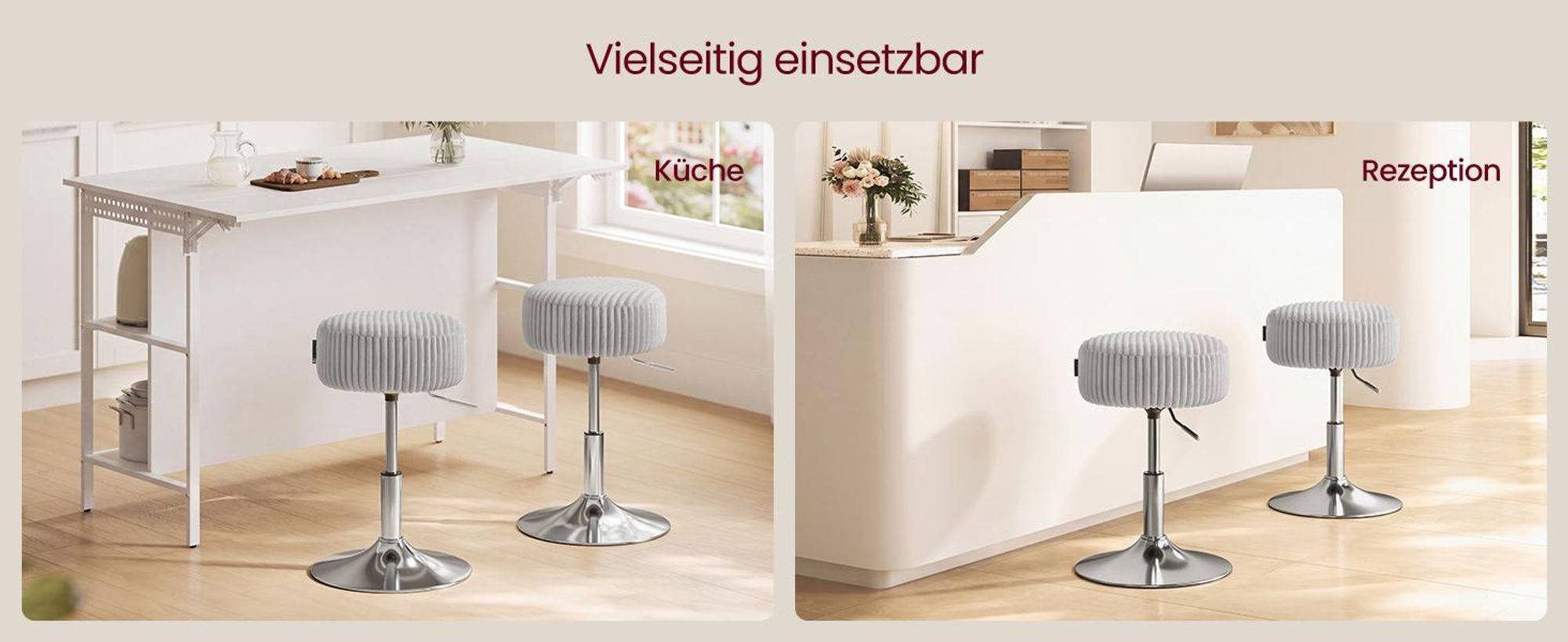 VASAGLE Schminkhocker Höhenverstellbarer Sitzhocker Rund 360° Drehbar ohne Lehne 38,5 x 38,5 x 44-56 cm Grau