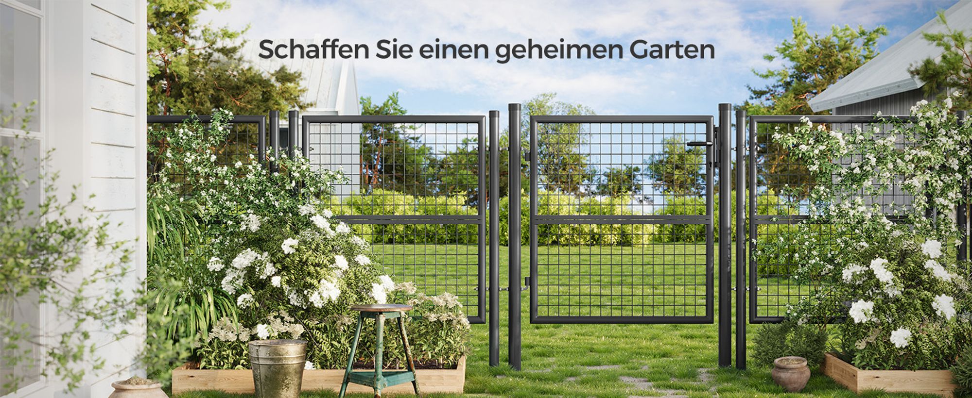 SONGMICS Gartentor, Gartentür, verzinkter Stahl, abschließbar, 106 x 100 cm, grau