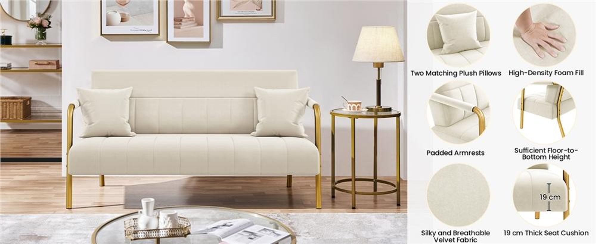 Yaheetech 2-Sitzer Polstersofa für Wohnzimmer, mit Armlehnen & Metallbeinen, Doppelsofa mit 2 Kissen, Beige