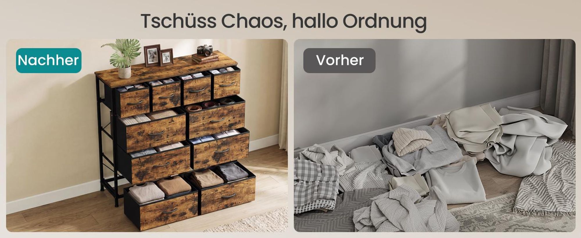 SONGMICS Kommode mit 10 Stoffschubladen, Aufbewahrungsschrank mit Metallgestell, 98,7 x 30 x 96,2 cm, Braun