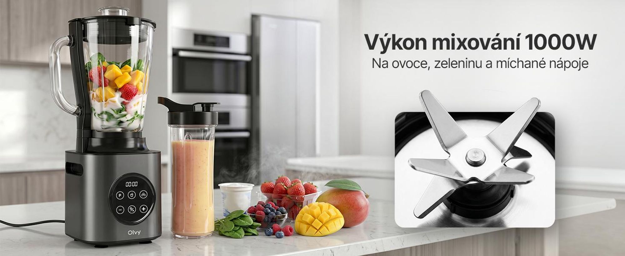 Mixér Olvy, 1000 W, s 1,5litrovou skleněnou nádobou a 600ml kelímkem z materiálu Tritan, 9 rychlostí, pulzní funkce, drcení ledu, funkce pro přípravu smoothie a mléčných koktejlů