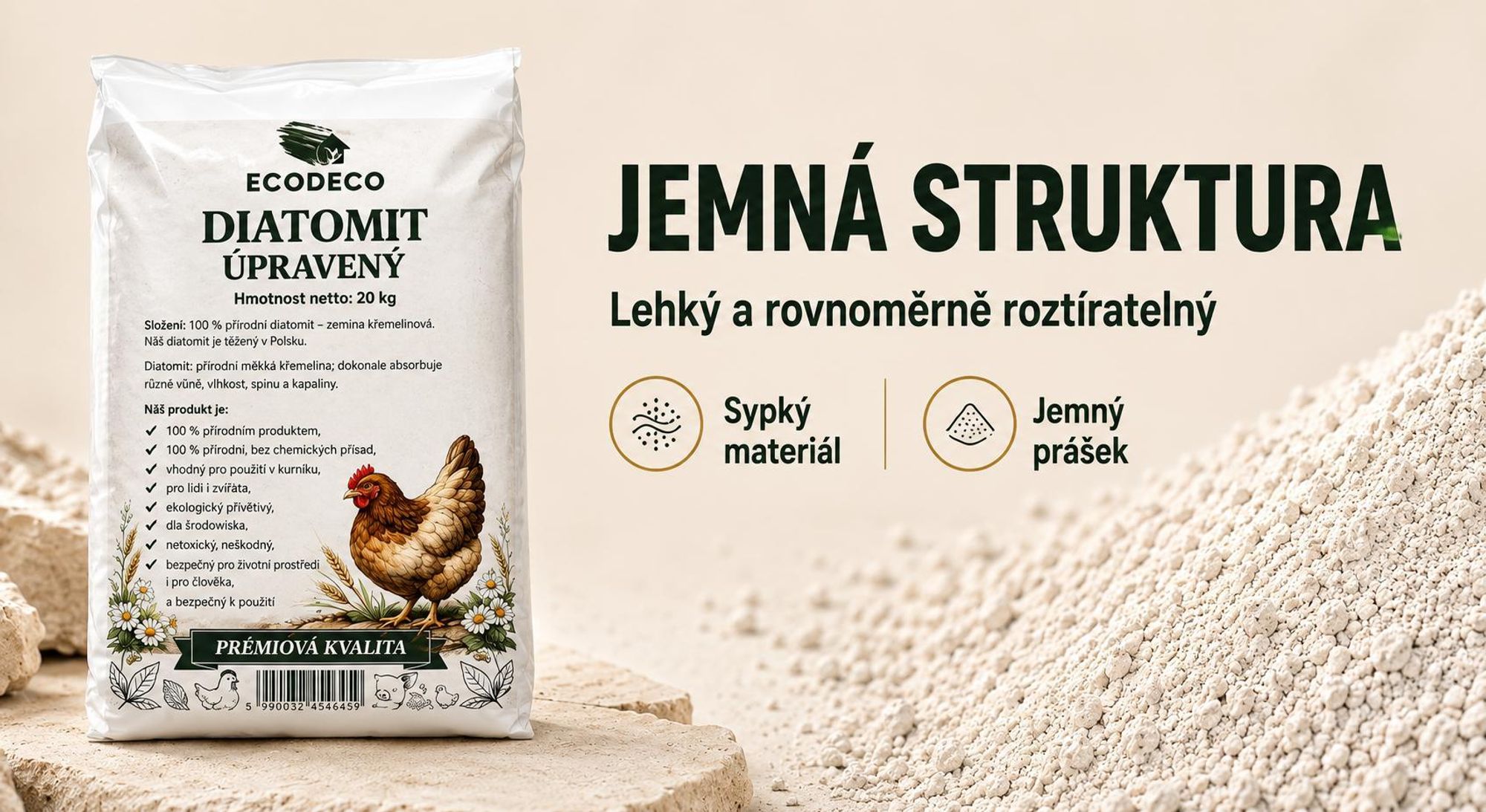 Ecodeco, křemelitá zemina (diatomit), 20 kg, pro slepčí hnízda, stelivo a chov zvířat – minerální materiál, který dobře absorbuje vlhkost, bez zápachu