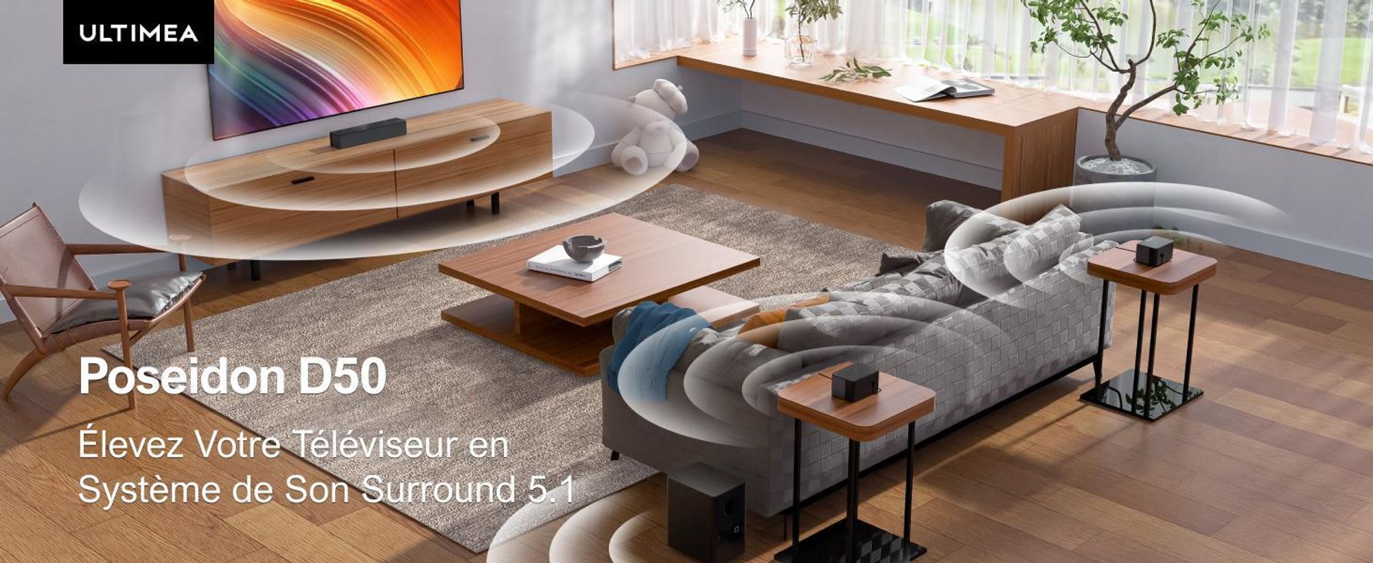 ULTIMEA Poseidon D50 - Barre de son surround 5.1, Système de son surround virtuel, Barre de son pour téléviseur avec caisson de basses et haut-parleurs arrière