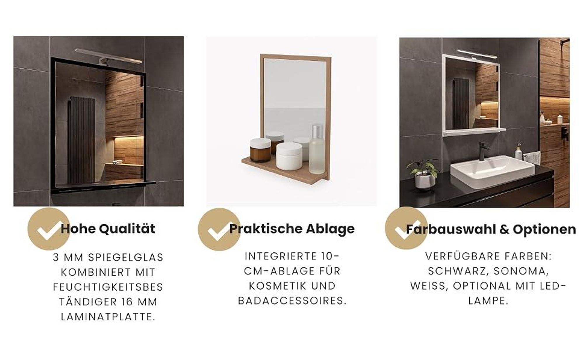 HAJDUK FURNITURE Badspiegel mit Beleuchtung 4000 K IP44 Schwarz H:70 x B:60 cm - Bathroom Mirror - Badezimmer Spiegel Rechteckig mit Ablage und LED
