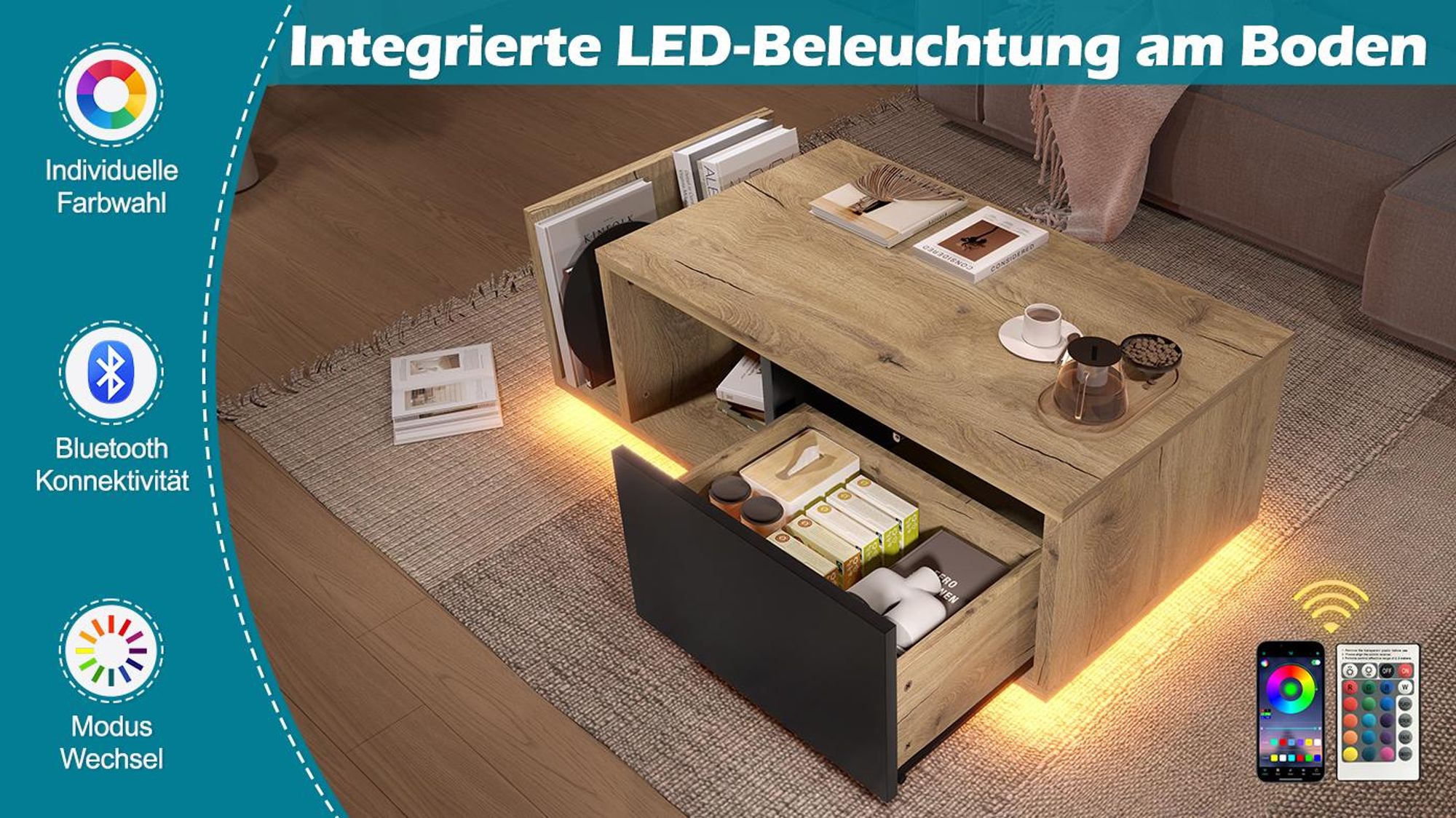 REDOM Couchtisch Schwarz-Weiß Optik mit 2 Schubladen (Satztisch, Wohnzimmertisch, Beistelltisch, 1-St., Quadratischer Wohnzimmertisch), Minimalistisches Design