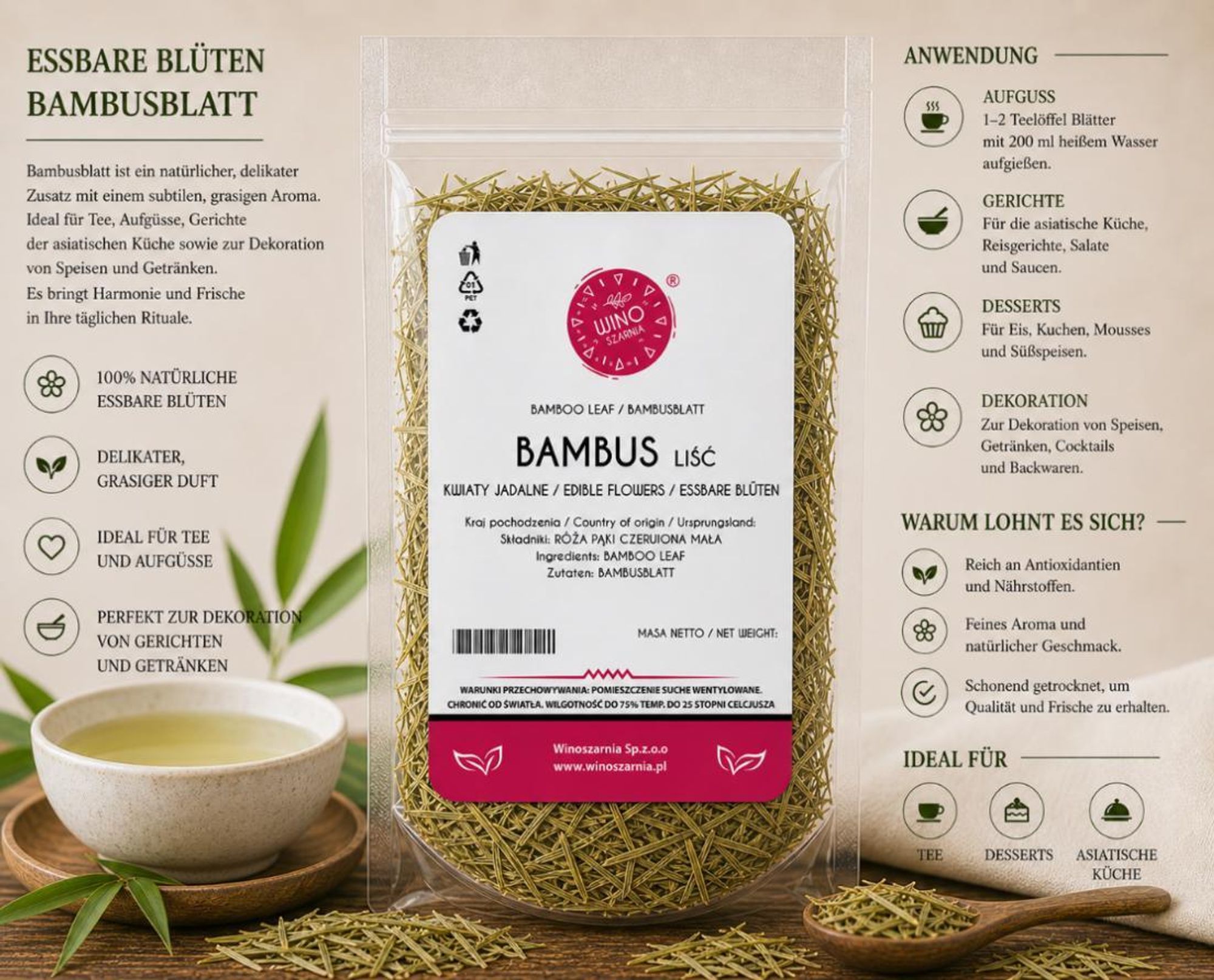 Getrocknete Bambusblätter, 250 g, essbare Blätter, essbare Blüten