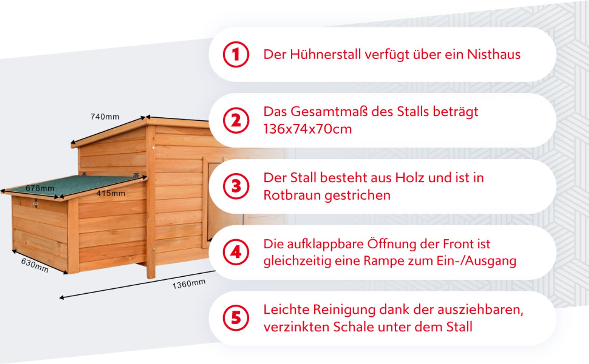 Wiltec Hühnerstall 1360 x 740 x 700 mm rotbraun mit Nistkasten aus Holz, Hühnerhaus mit Unterschlupf, isoliertem Dach und Kotwanne verzinkt