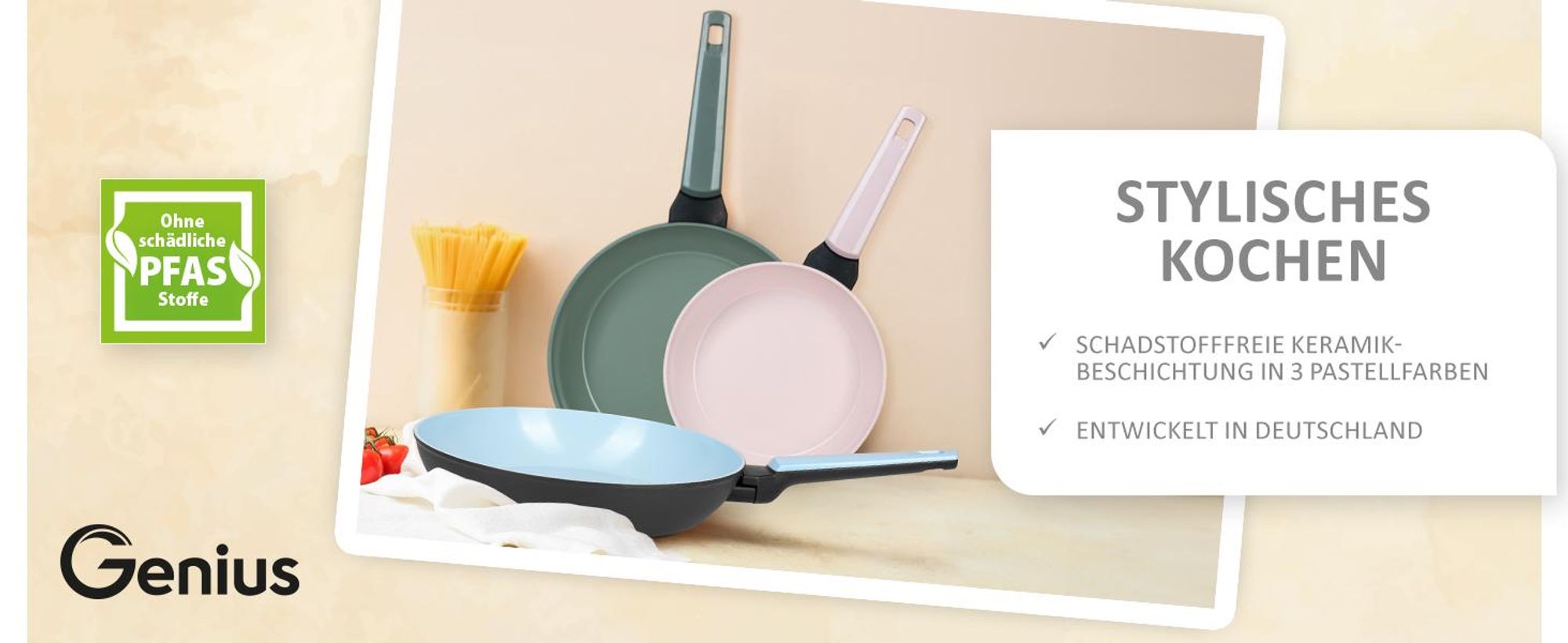 Genius Cerafit Trend Pastell Edition Pfannenset 3 tlg. Bratpfanne 20, 24, 28 cm – Keramik Antihaft Pfannen für Induktion & alle Herdarten