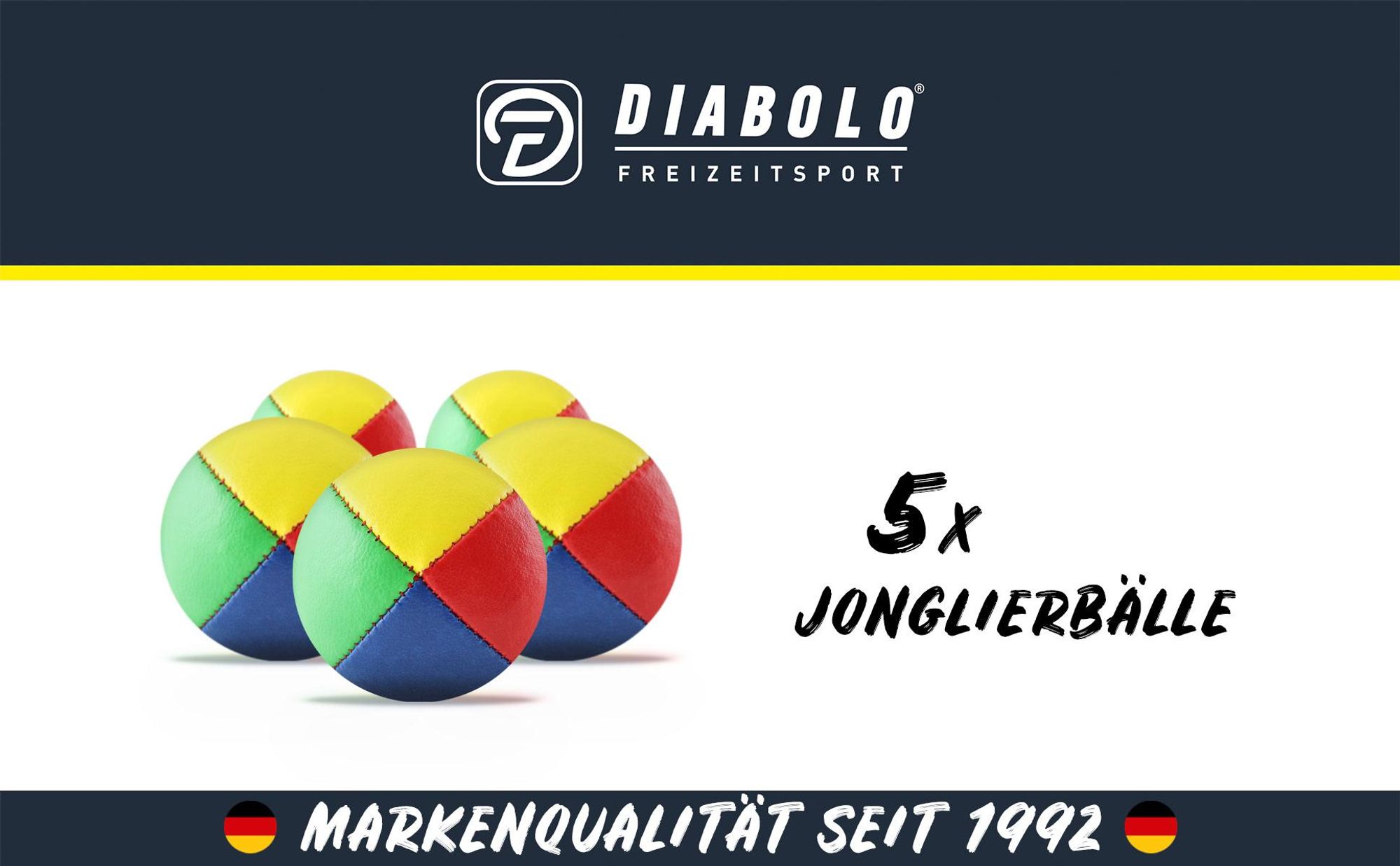 Diabolo Jonglierbälle Erwachsene – 62 mm Set mit 5 Jonglierbällen in vier Farben | Jonglierbälle Anfänger Kinder mit plastikfreier Geschenkverpackung