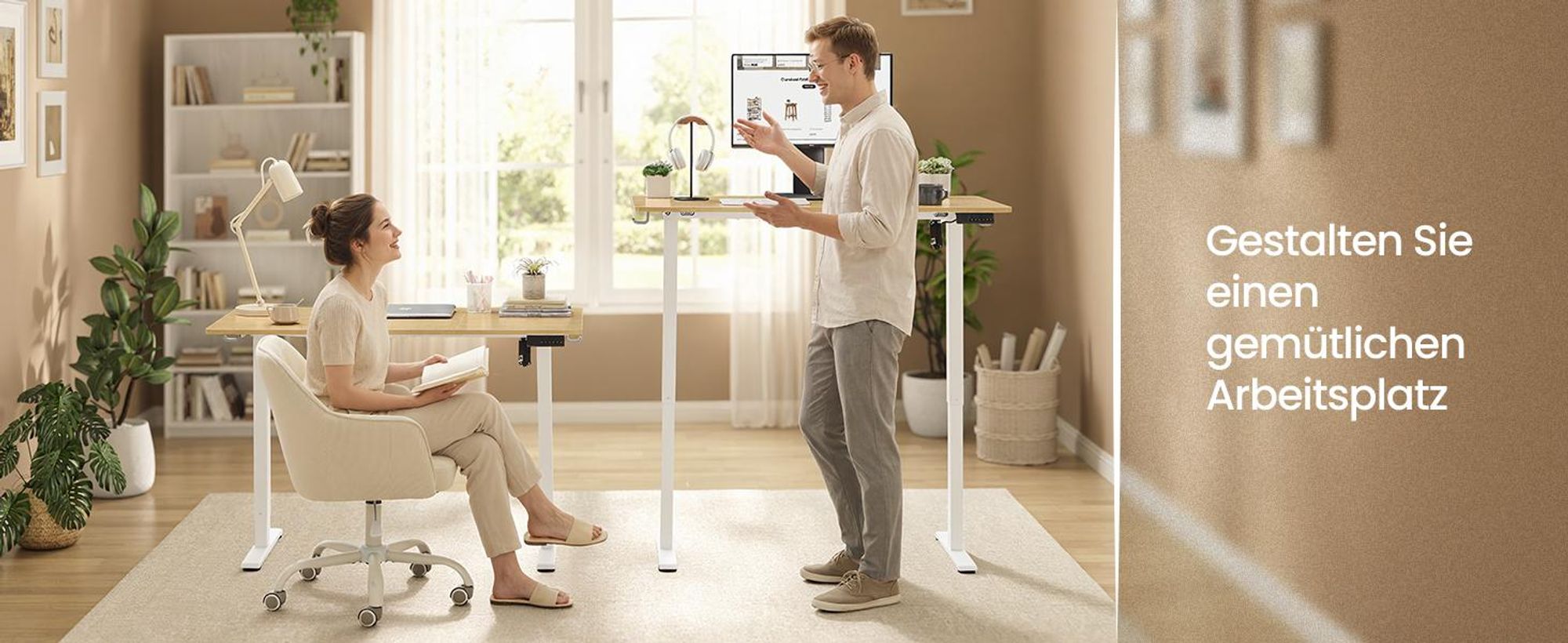 VASAGLE Elektrisch verstellbarer Stehtisch, Memory-Funktion mit 4 Höhen, Schreibtisch für Home Office, 140 x 60 cm, goldeichenfarben und mattweiß