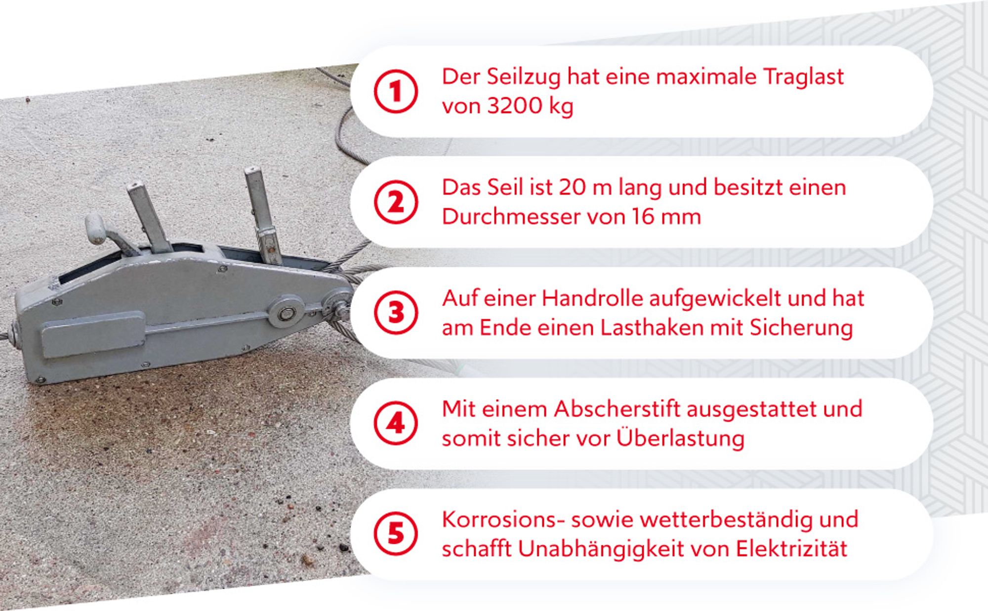 Wiltec Seilzug bis 3200 kg Seilwinde mit 20 m Seil, Handseilwinde mit Ø 16 mm Stahl-Seil, Forstseilwinde mit Abscherstift, Handseilzug mit Lasthaken