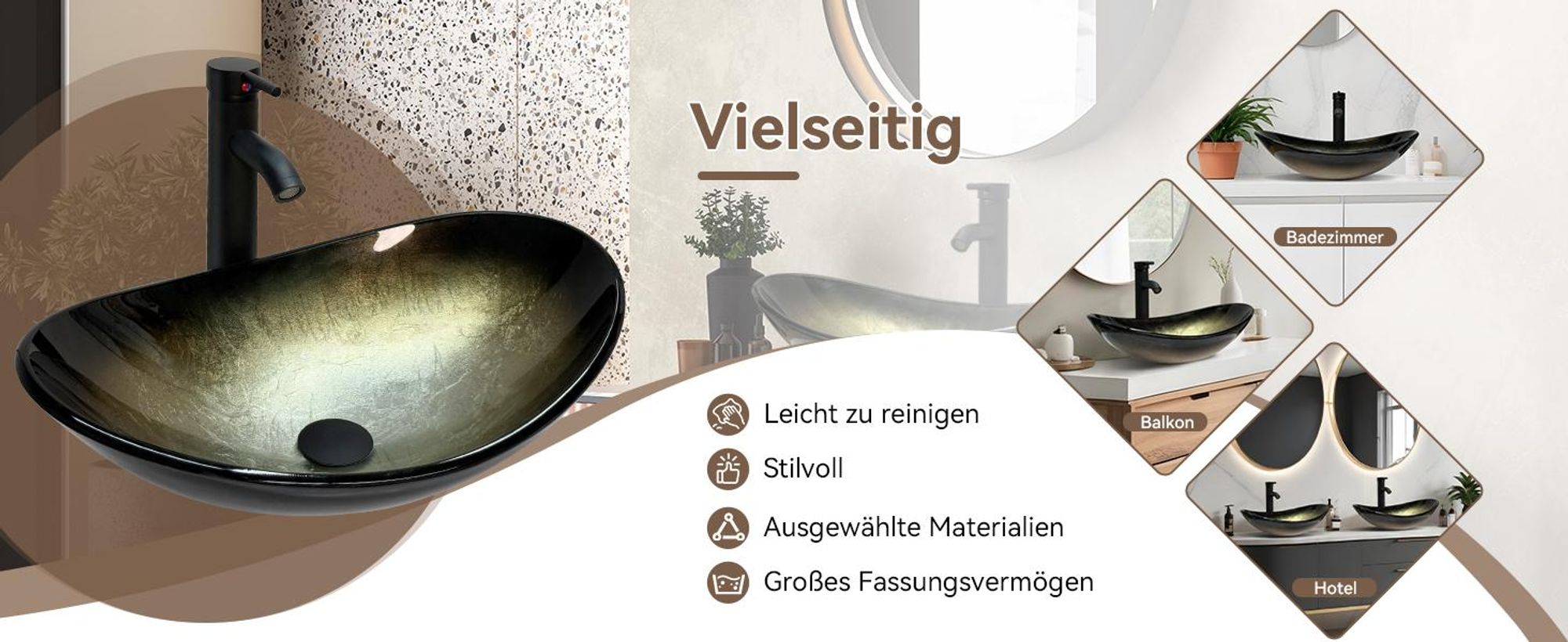 uluomis Waschbecken Glas Aufsatzwaschbecken Waschschale Oval mit Wasserhahn Ablaufgarnitur Schwarz hellgold