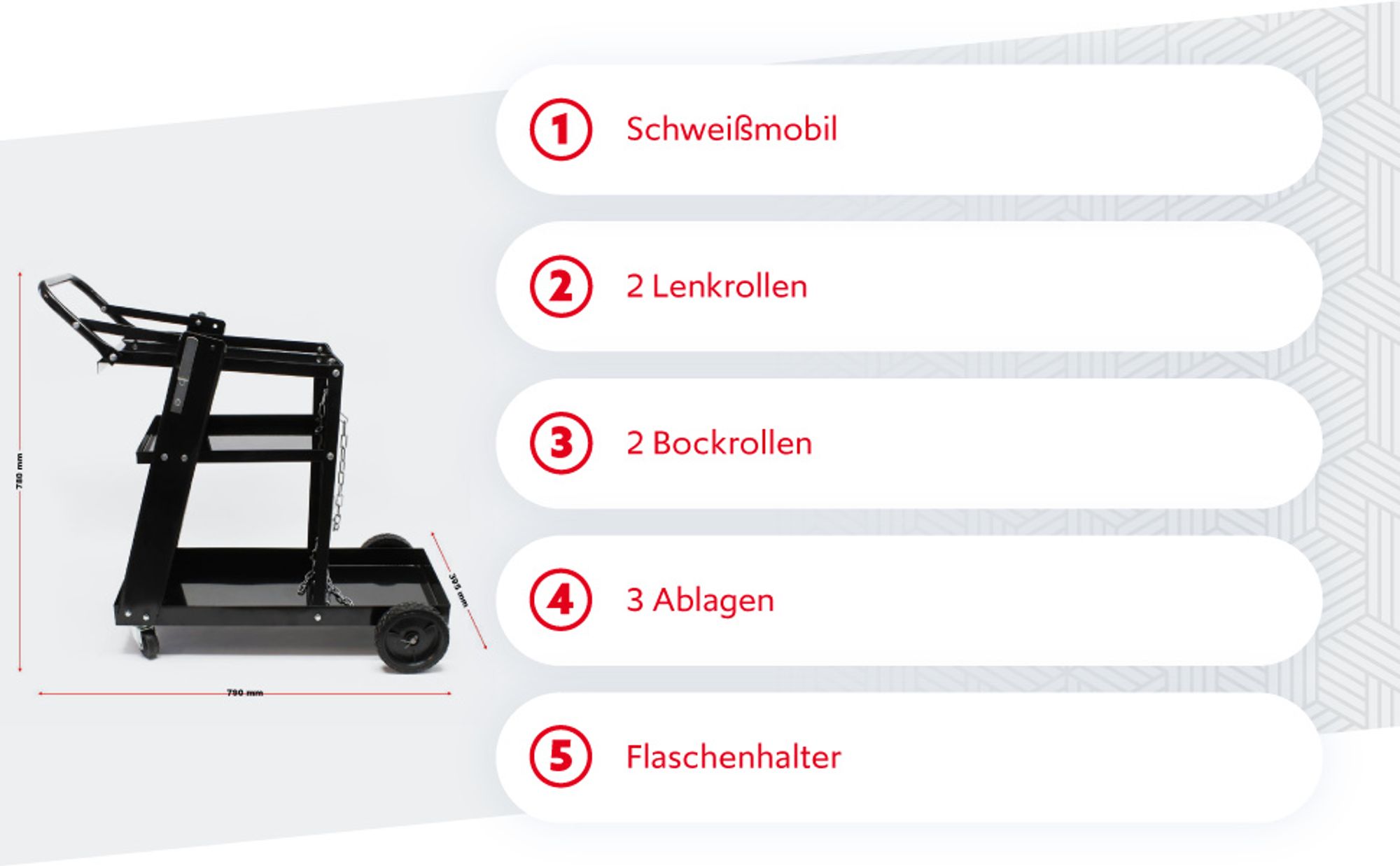 Wiltec Schweißwagen 765 x 745 x 385 mm aus Stahlblech, Werkstattwagen als Schweißmobil, Schweißgerätewagen auf Rollen, Flaschenwagen mit 3 Ablagen