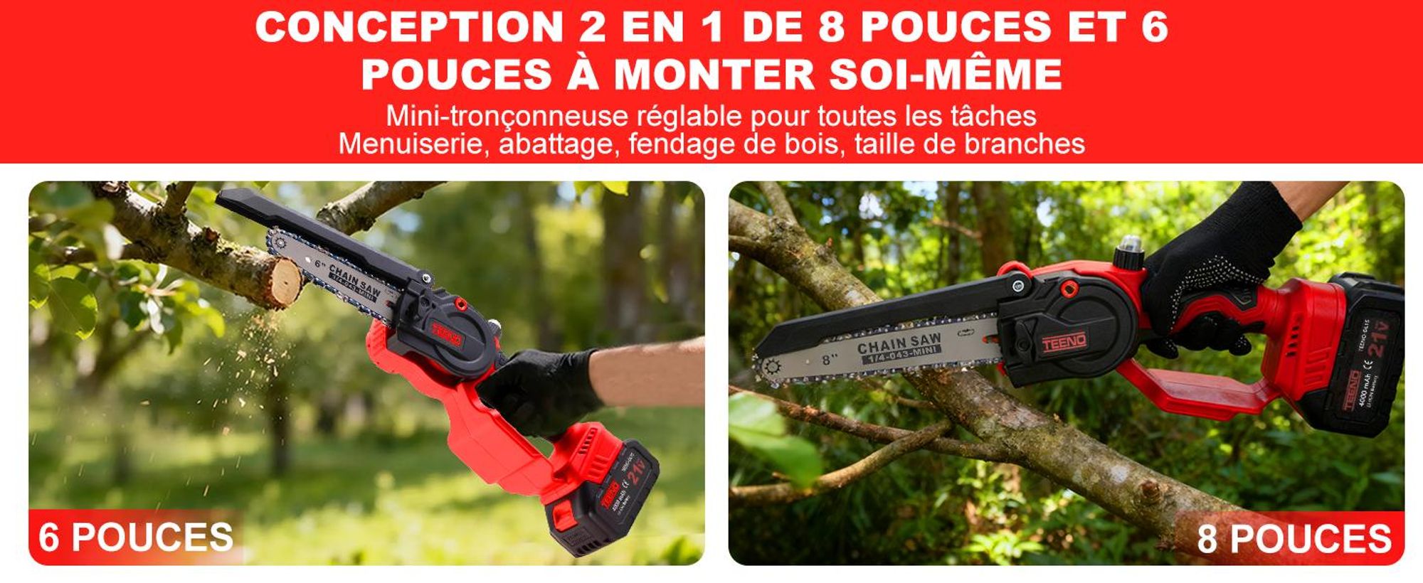 TEENO Tronconneuse a Batterie, Mini Tronçonneuse Électrique 6&8 Pouces 2-en-1, Kit avec 6 Chaînes (3×6"+3×8"),  2×4000mAh, 5500 tr/min, Taille Haie