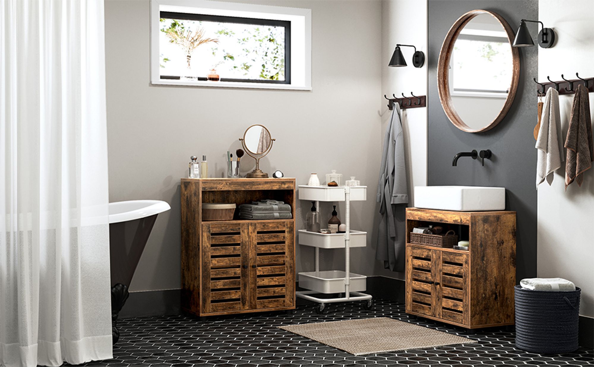 VASAGLE Waschbeckenunterschrank, Badezimmerschrank, Aufbewahrungsschrank, 60 x 30 x 63 cm, mit 2 Lamellentüren, verstellbares Brett