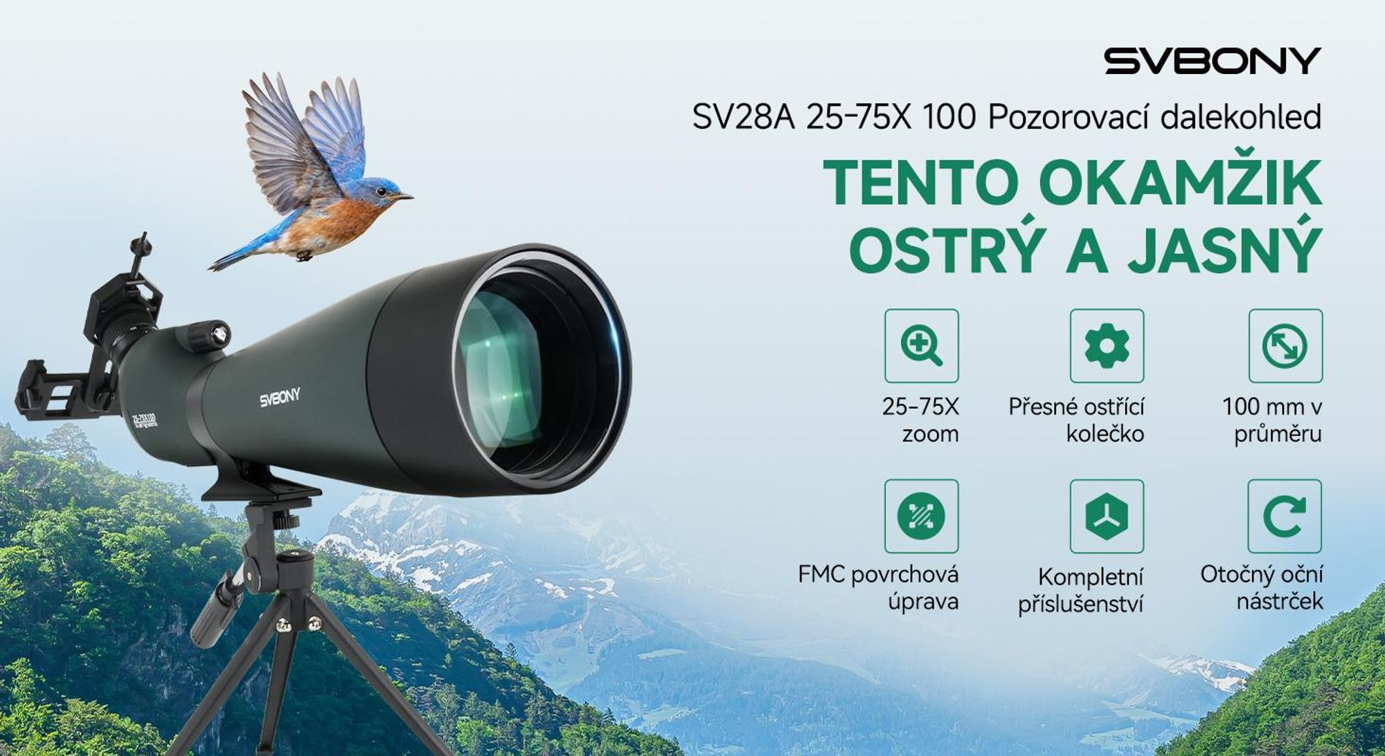 Svbony SV28 pozorovací dalekohled teleskop,25-75x100mm,monokular s HD BAK4 Porro hranolem FMC, Vhodný pro pozorování ptáků,střelbu a pozorování Měsíce