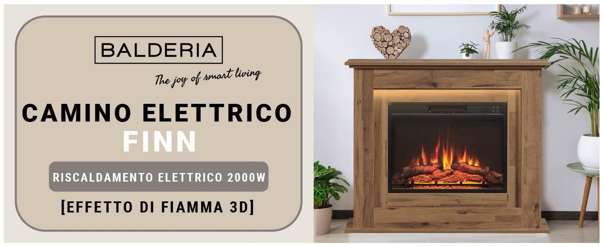 Camino elettrico BALDERIA Finn - Camino da appoggio, riscaldamento 2000 W - Rovere scuro