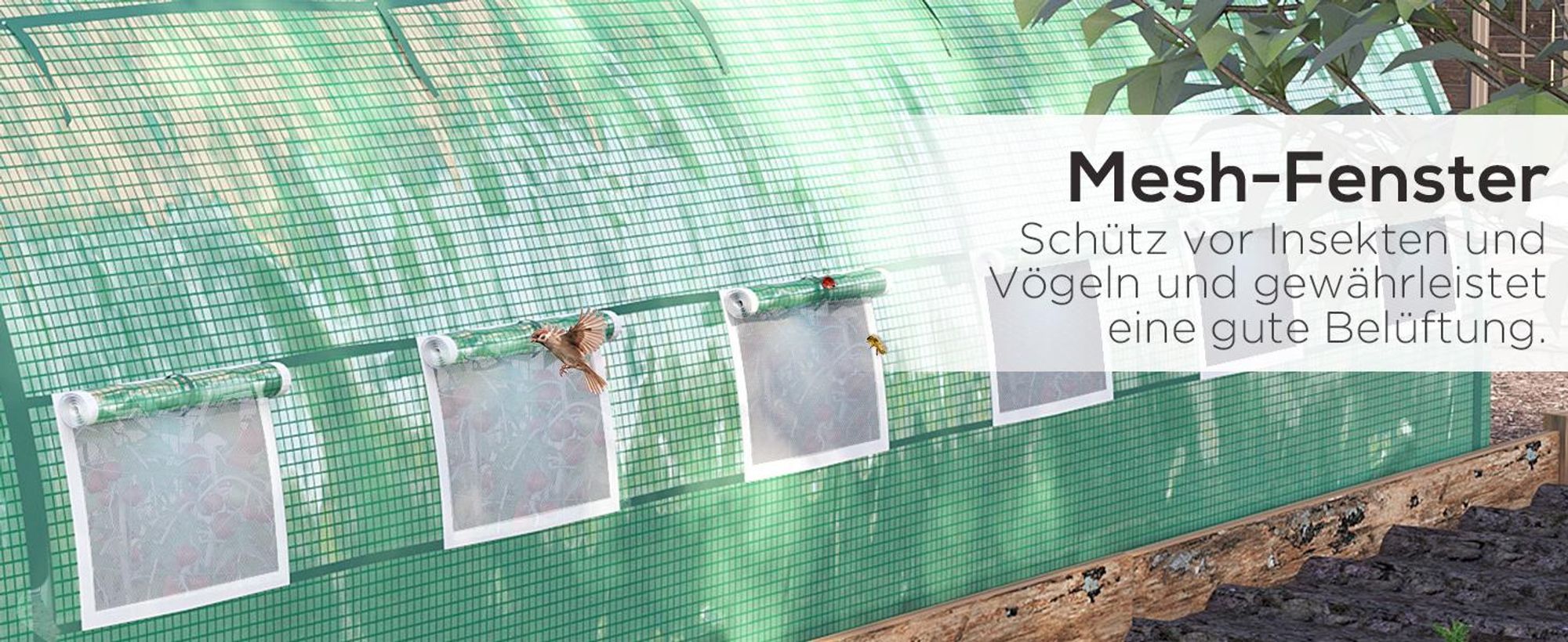 Outsunny Foliengewächshaus Polytunnel 3,97 x 3 x 2 m Abdeckungen aufrollbar Grün
