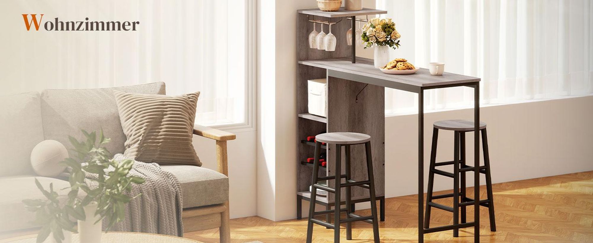 HOMCOM Bartisch mit Barhocker Set Tresentisch mit 2 Stühlen mit Fußstütze, Grau