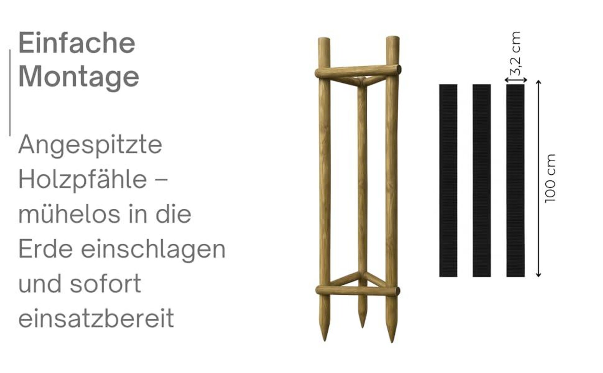 TIMBERMIK Baumstütze Komplettset Rankhilfe Baumpfahl ø 7cm Länge: 200 cm Pflanzenhalter 3 x Holzpfosten 3x Schwarze Baumgurte und 6x Halbpalisaden