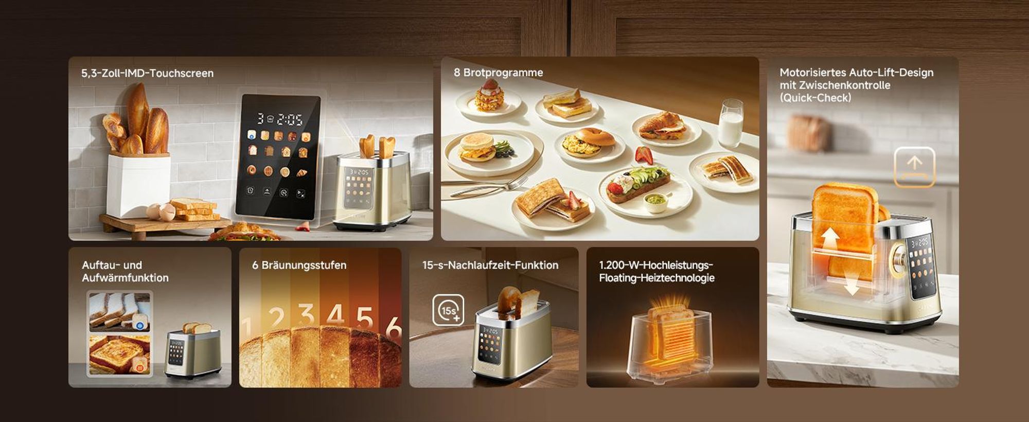 Dreame Smart Toaster 2 Scheiben,5,3-Zoll-IMD-Touchscreen,Motorisiertes Auto-Lift-Design,8 Brotprogramme&6 Bräunungsstufen,3 praktische Funktionen,Gold