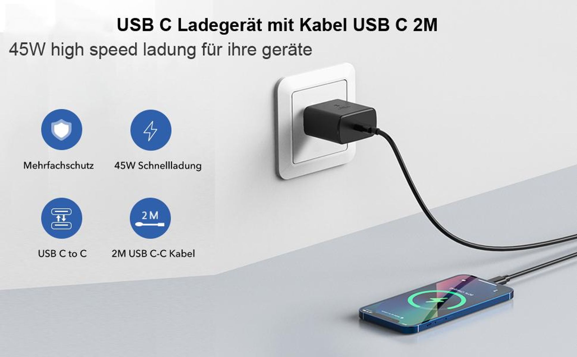 USB C Ladegerät für Samsung Galaxy A36/S26 S26+/S25 Ultra/S25+/S24 Ultra/S24+S23 Ultra/S22 Ultra/S23+/S22+, 45W Schnellladegerät, mit 5A Ladekabel 2M