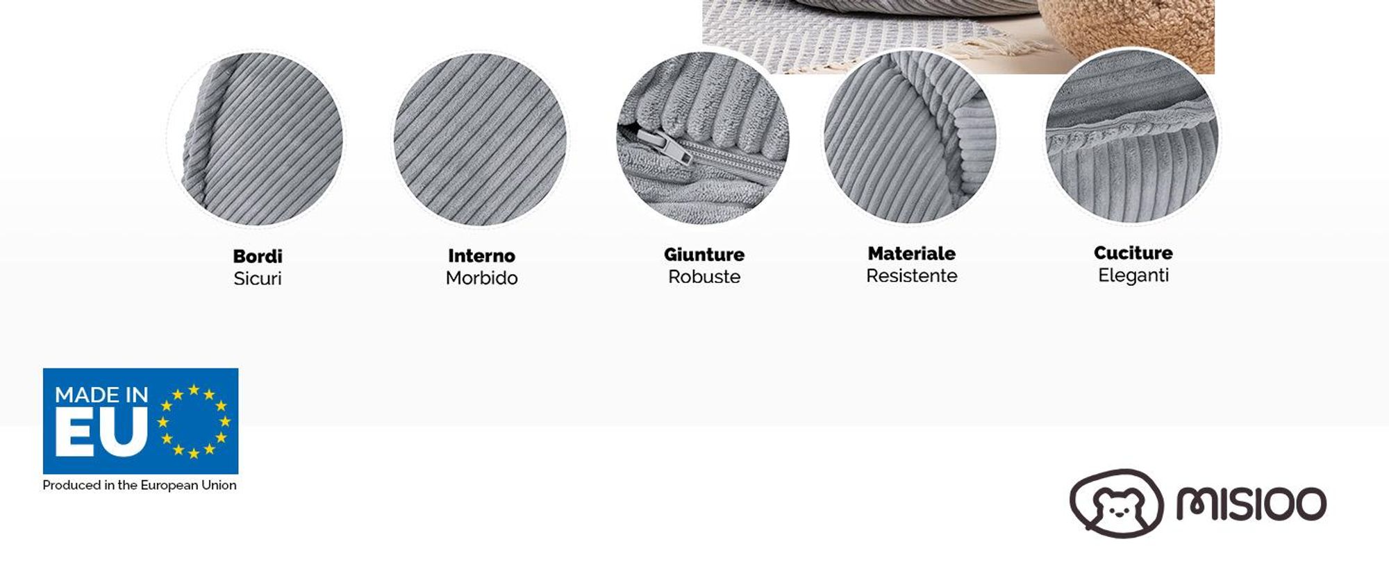 MISIOO Beanbag Kids - Lavabile - - Struttura robusta e morbida - Materiale in corda - 68x45 cm - Perfetto per la cameretta dei bambini - Grigio