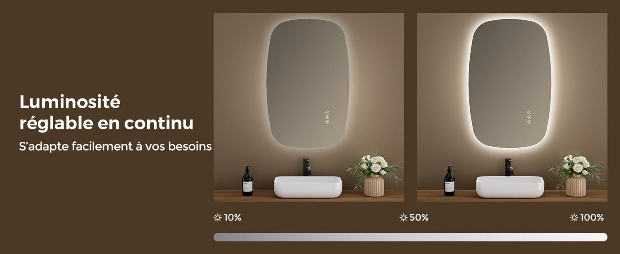 S'AFIELINA 80×50 cm miroir mural LED - miroir de salle de bain avec éclairage, verre HD , intensité lumineuse variable, LED 3 couleurs, antibuée, suspension horizontale & verticale