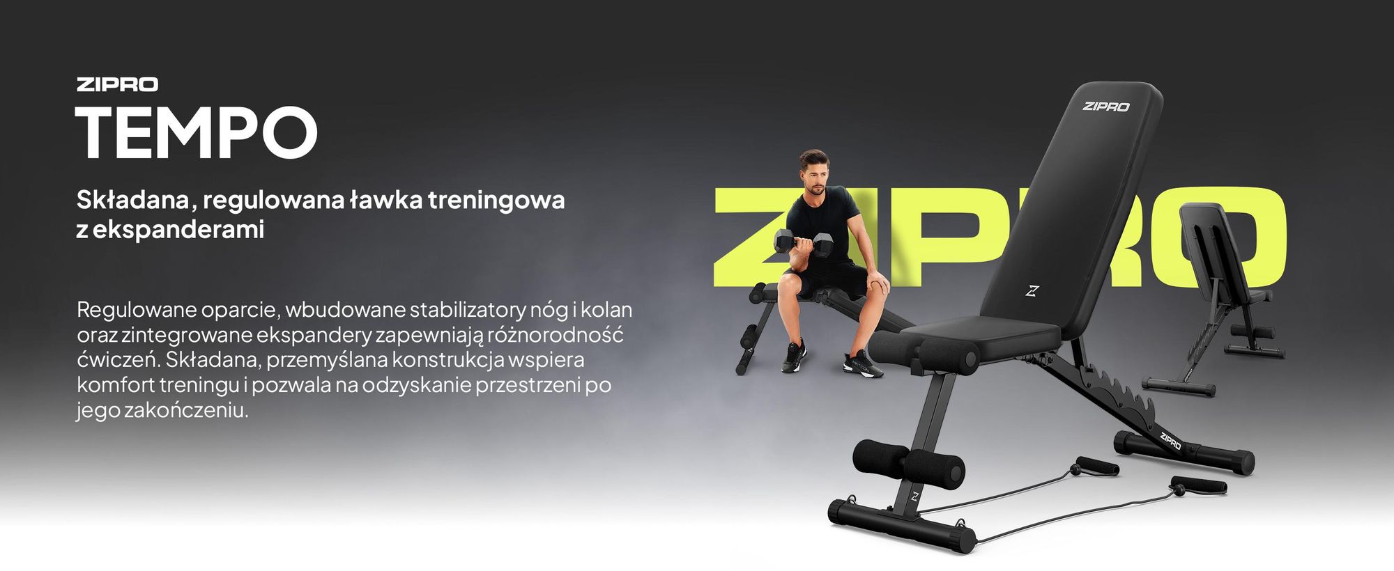 Ławka do ćwiczeń Zipro Składana Tempo – regulowana ławka treningowa do użytku domowego Ławka skośna Ławka ujemna z ekspanderami Obciążenie 230 kg Idealna do hantli
