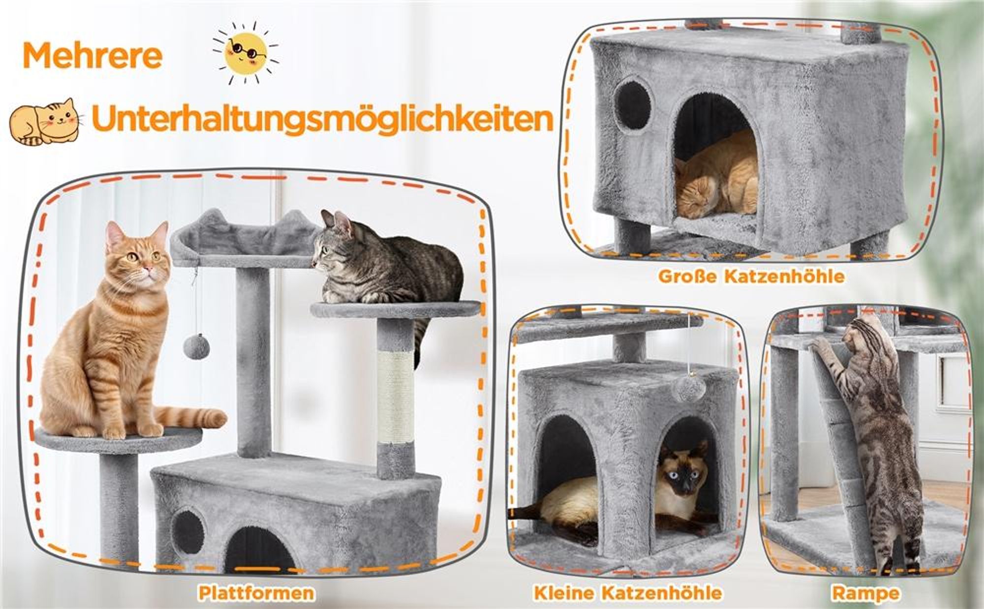 Yaheetech XXL Kratzbaum, 202,5 cm, mehrstufig, mit 3 Sisalstämmen, 3 Aussichtsplattformen, 2 Katzenhöhlen & 2 Plüschbällen, Hellgrau