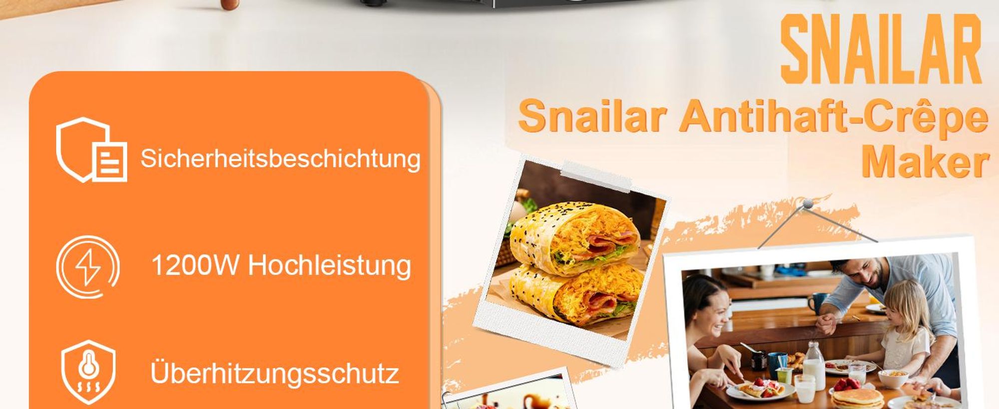 SNAILAR Crêpe-Maker AN-110, 1200 W, 30 cm Antihaftplatte, Schwarz