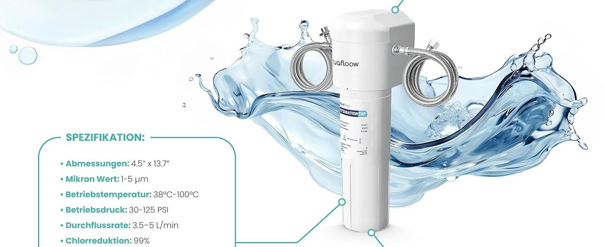 AquaFloow Untertisch Wasserfilter Aktivkohle Trinkwasserfilter Küchenfilter 12–18 Monate