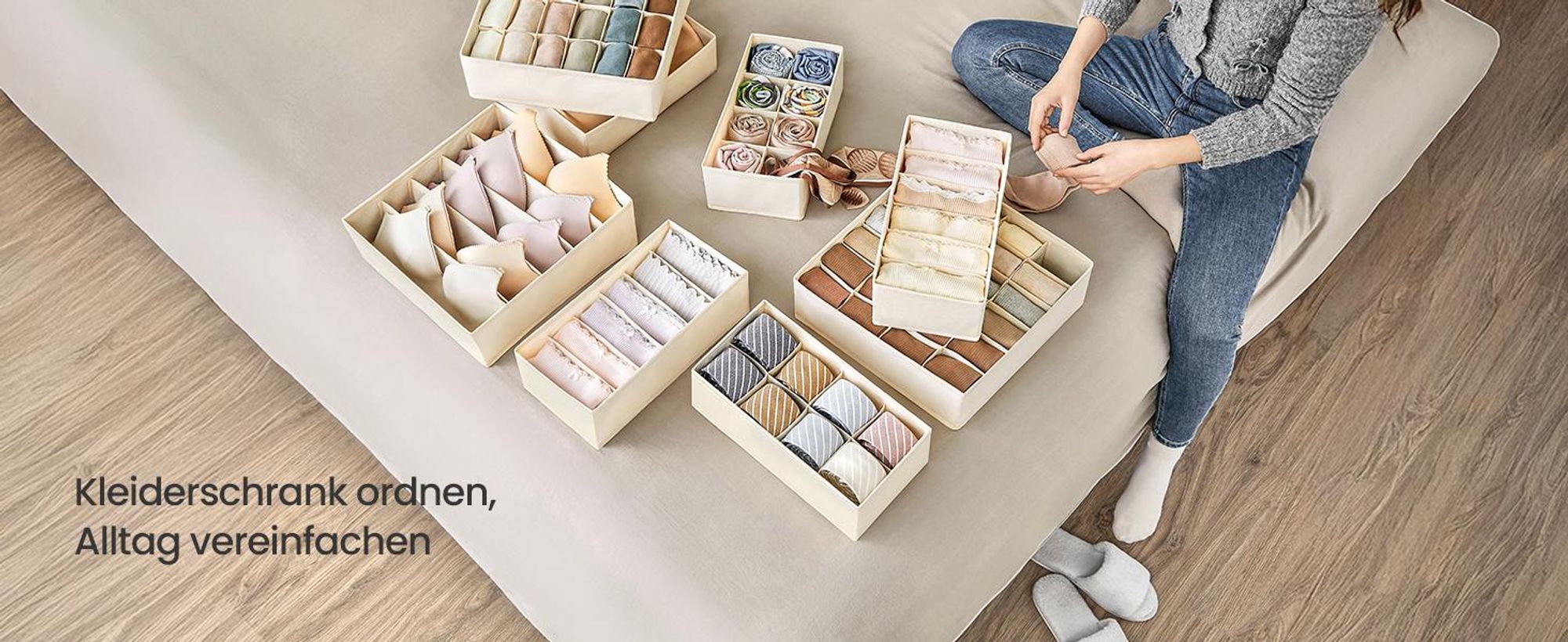 SONGMICS Unterwäsche-Organizer, Aufbewahrungsbox, 8er Set, faltbar, Beige