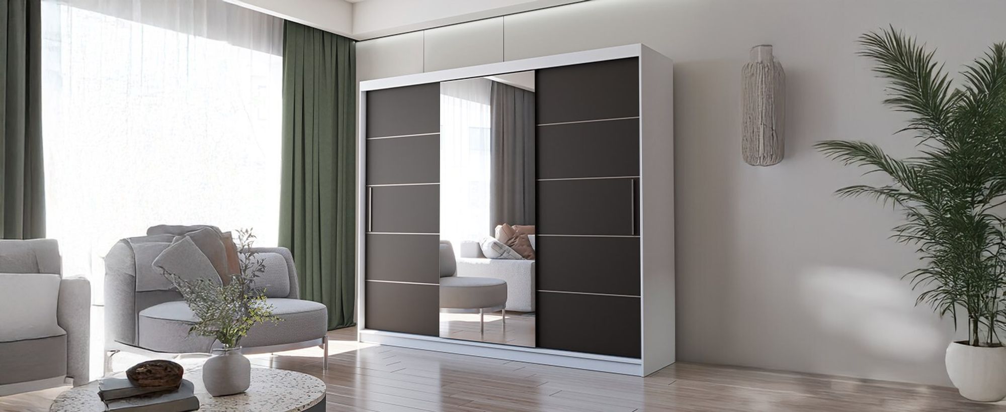Schwebetürenschrank Kleiderschrank Schrank 250cm Weiss/Schwarz mit Spiegel Alba